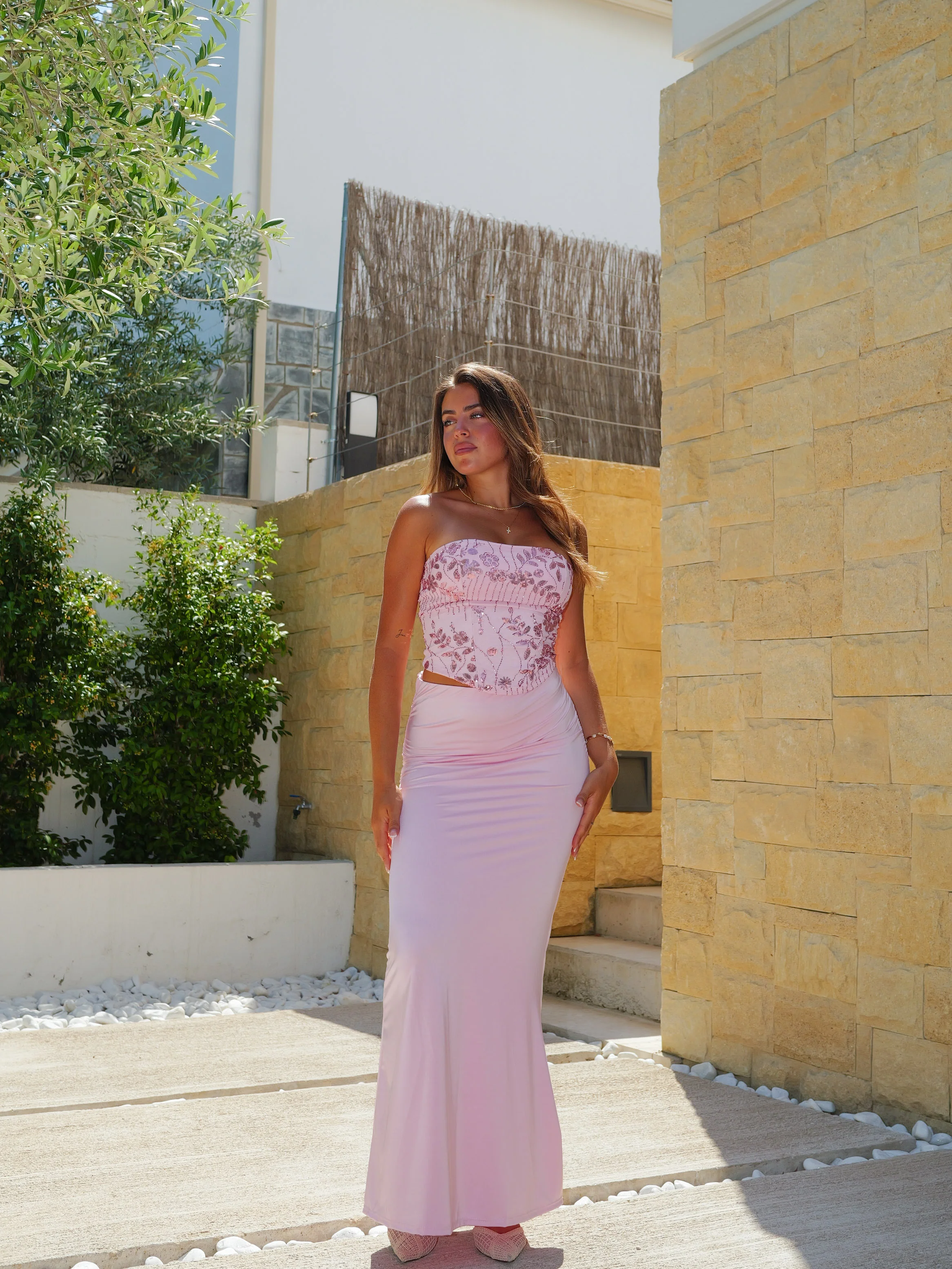 Conjunto top corsé detalles brillo rosa - Image 2