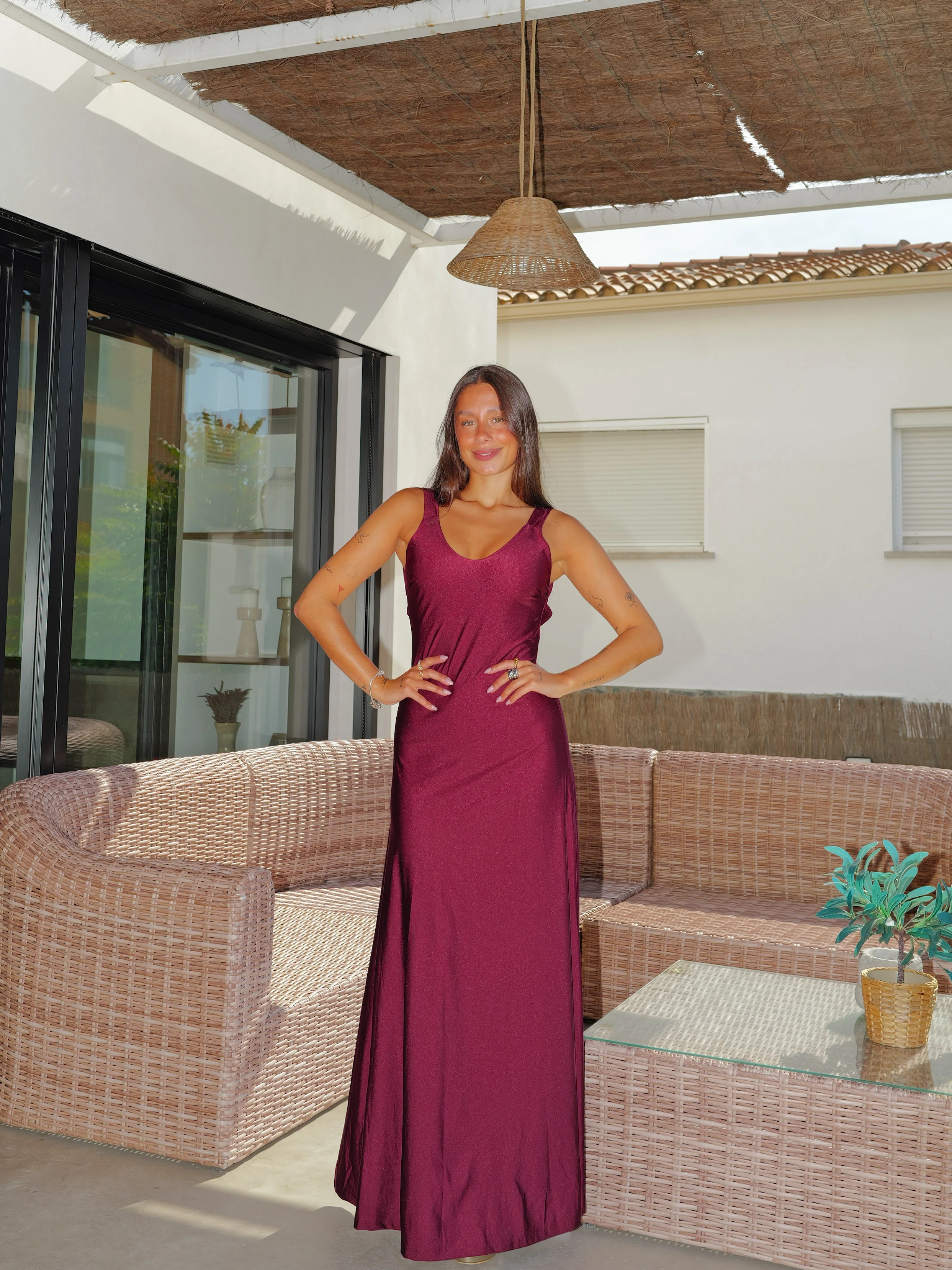 Vestido espalda cruzada vuelo burdeos - Image 2