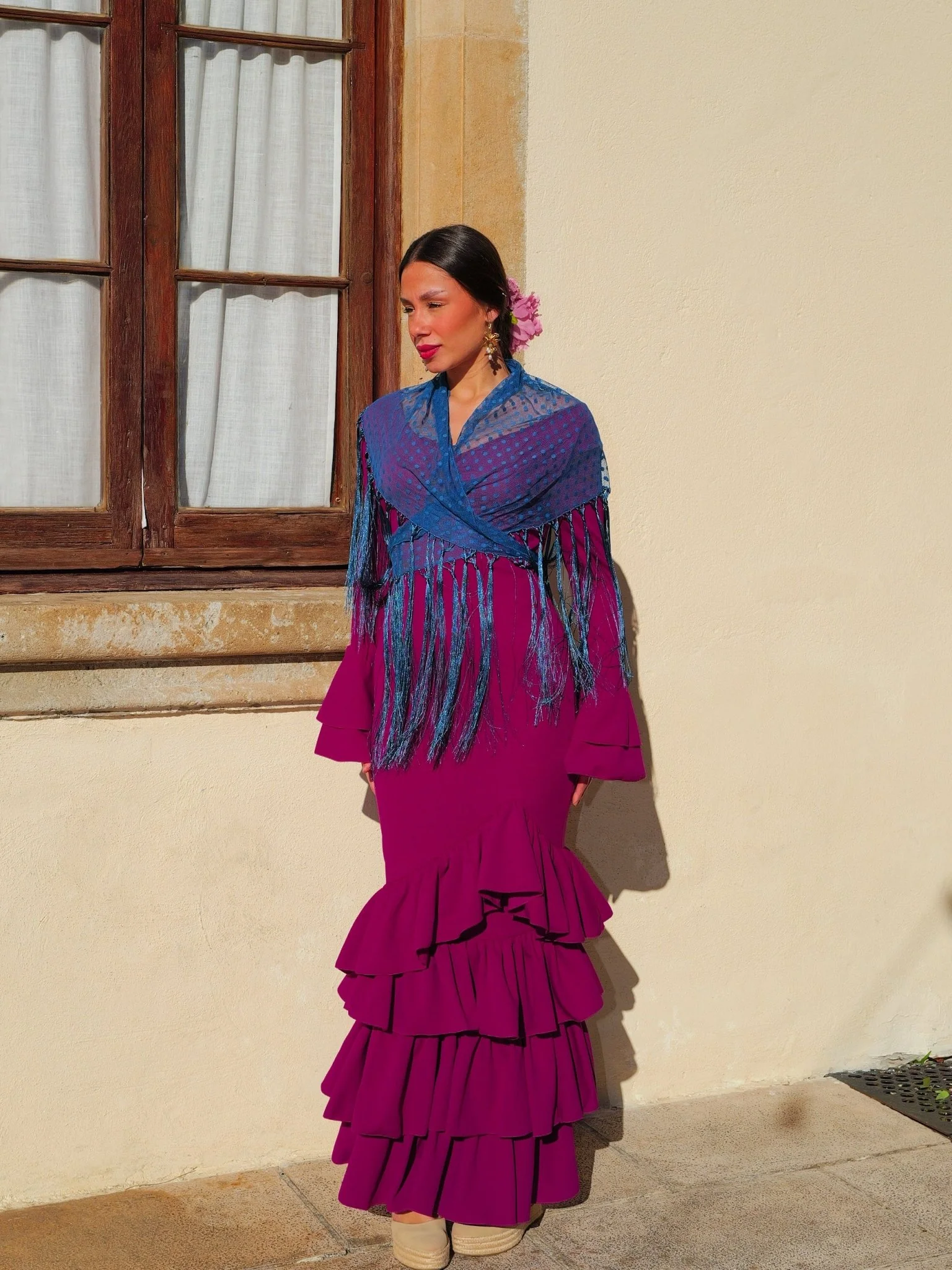 Traje flamenca asimetrico volantes cereza - Image 3
