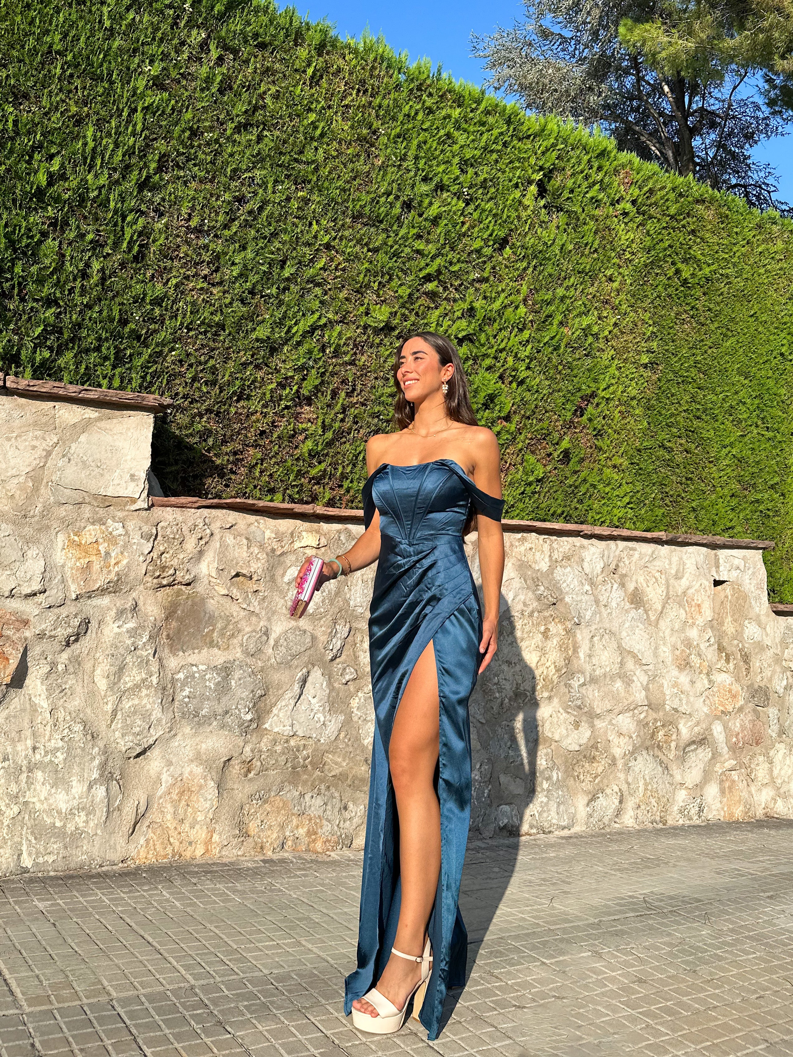 Vestido ballenas raso petroleo
