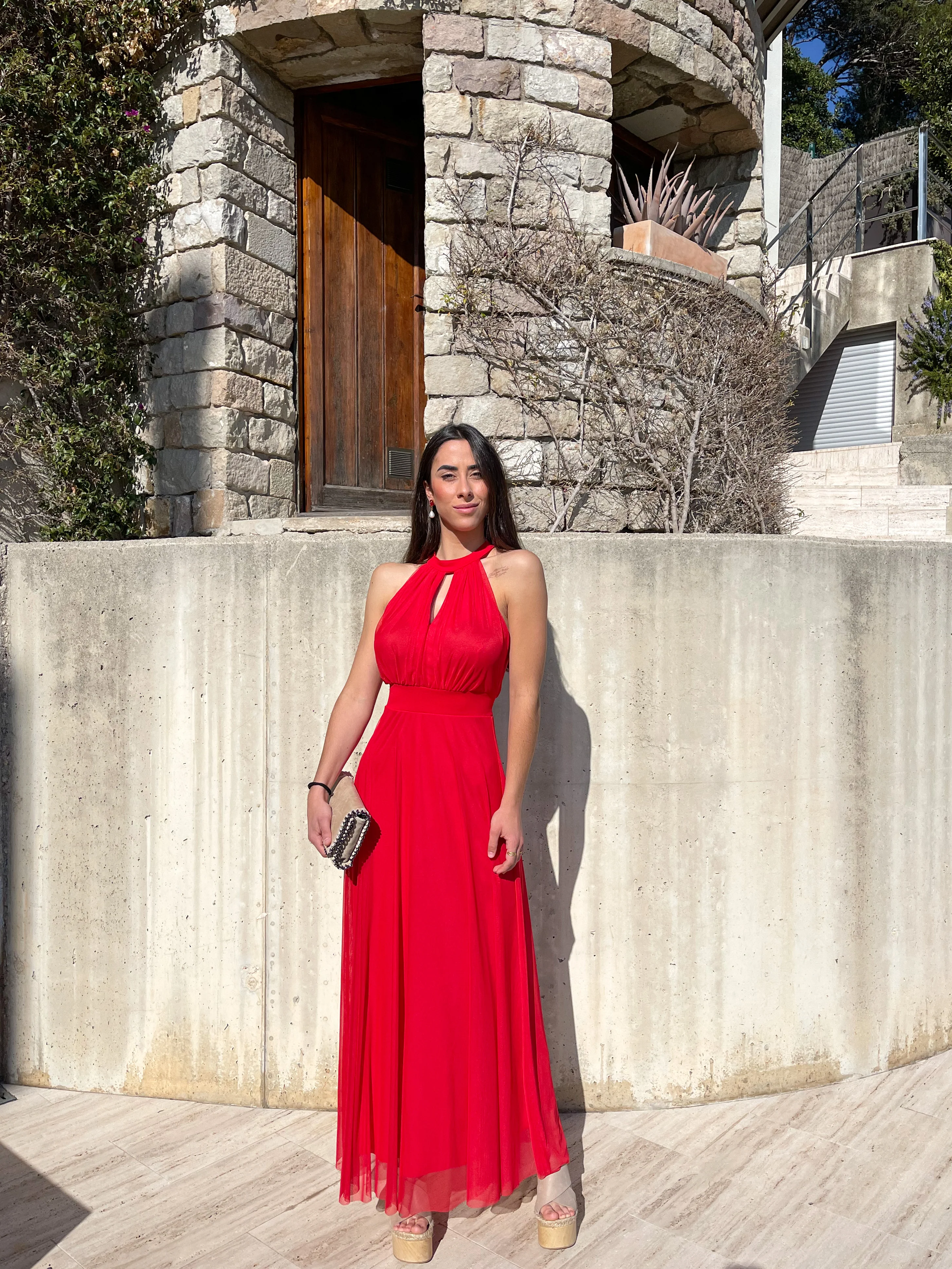 Vestido banda halter tulle rojo