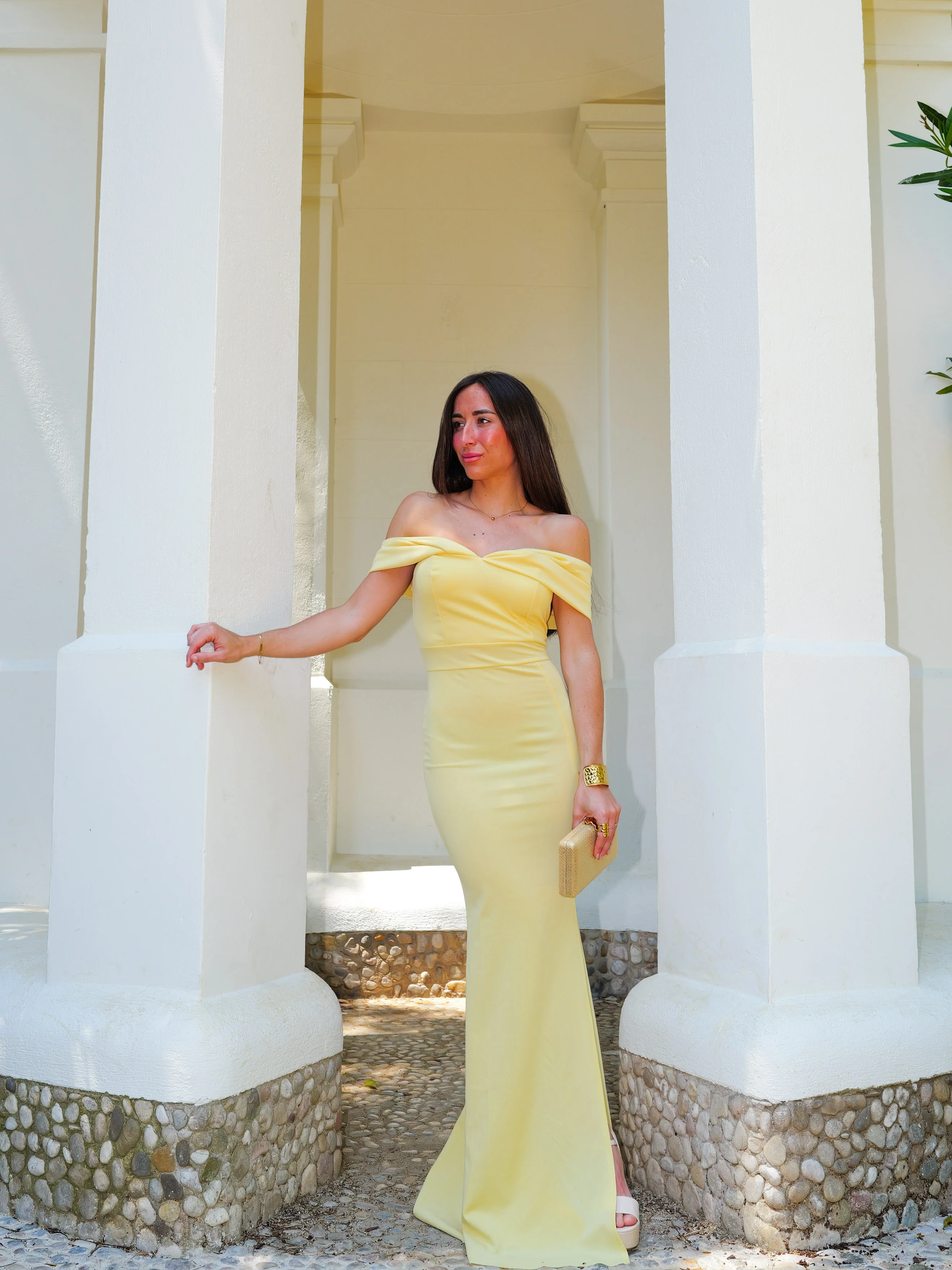 Vestido bardot efecto lazo amarillo