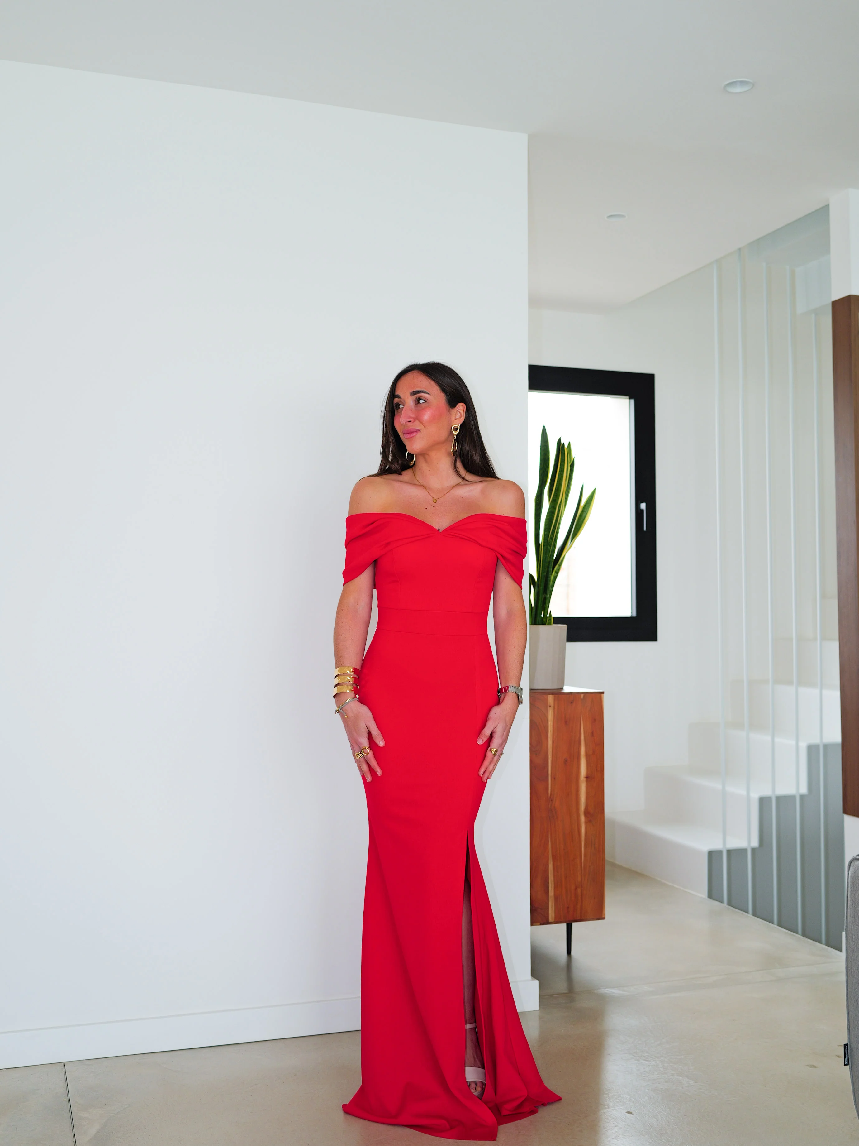 Vestido bardot efecto lazo rojo