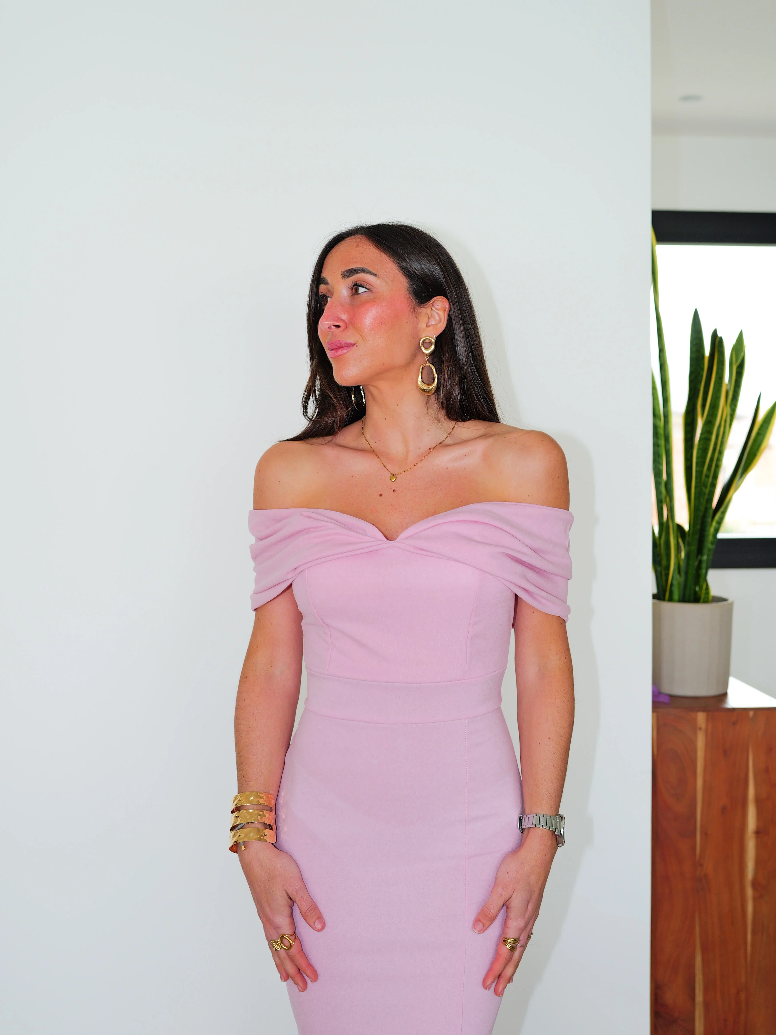 Vestido bardot efecto lazo rosa - Image 5