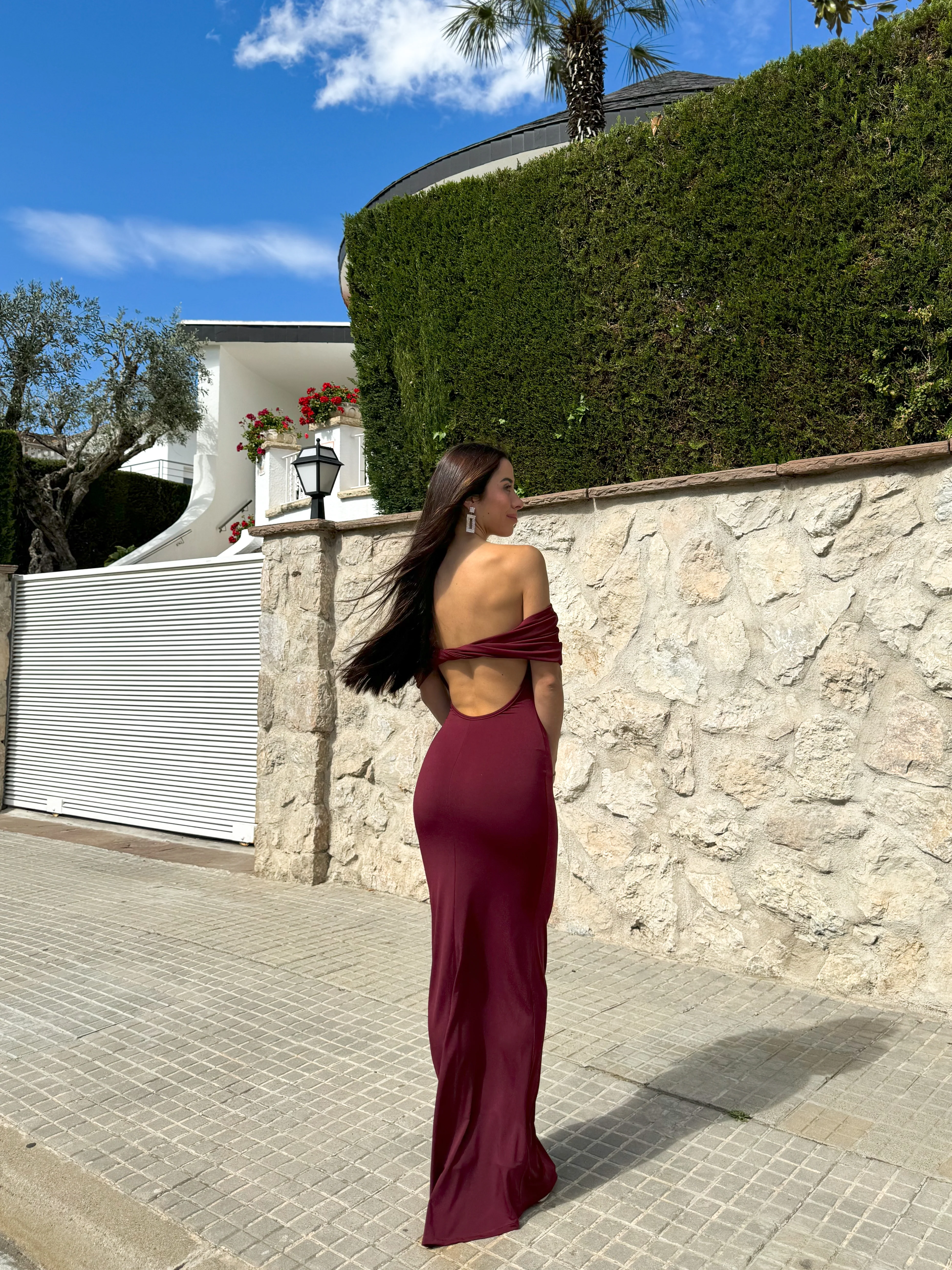 Vestido bardot espalda vino - Image 2