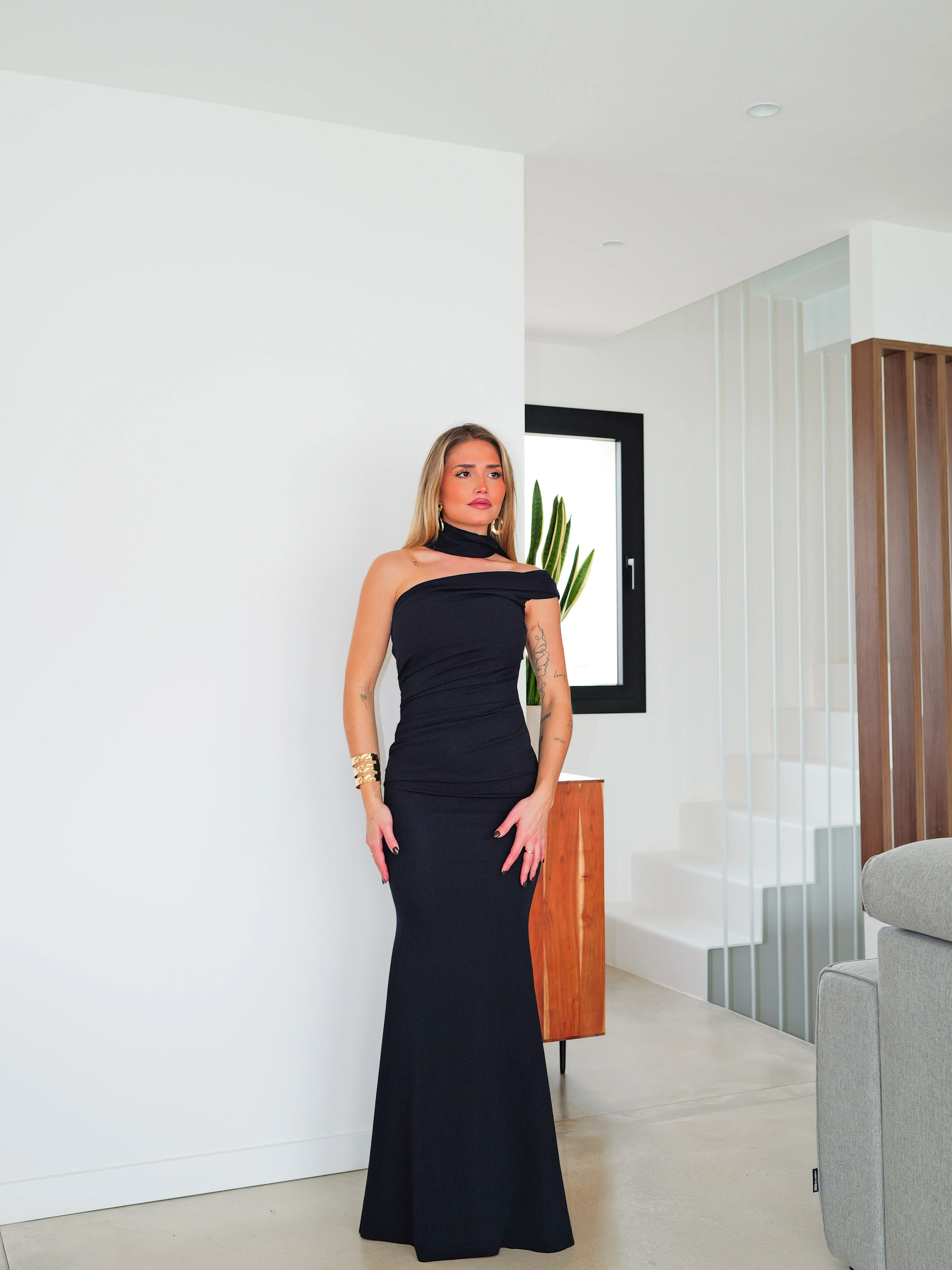 Vestido choker frunce asimétrico marino - Image 3