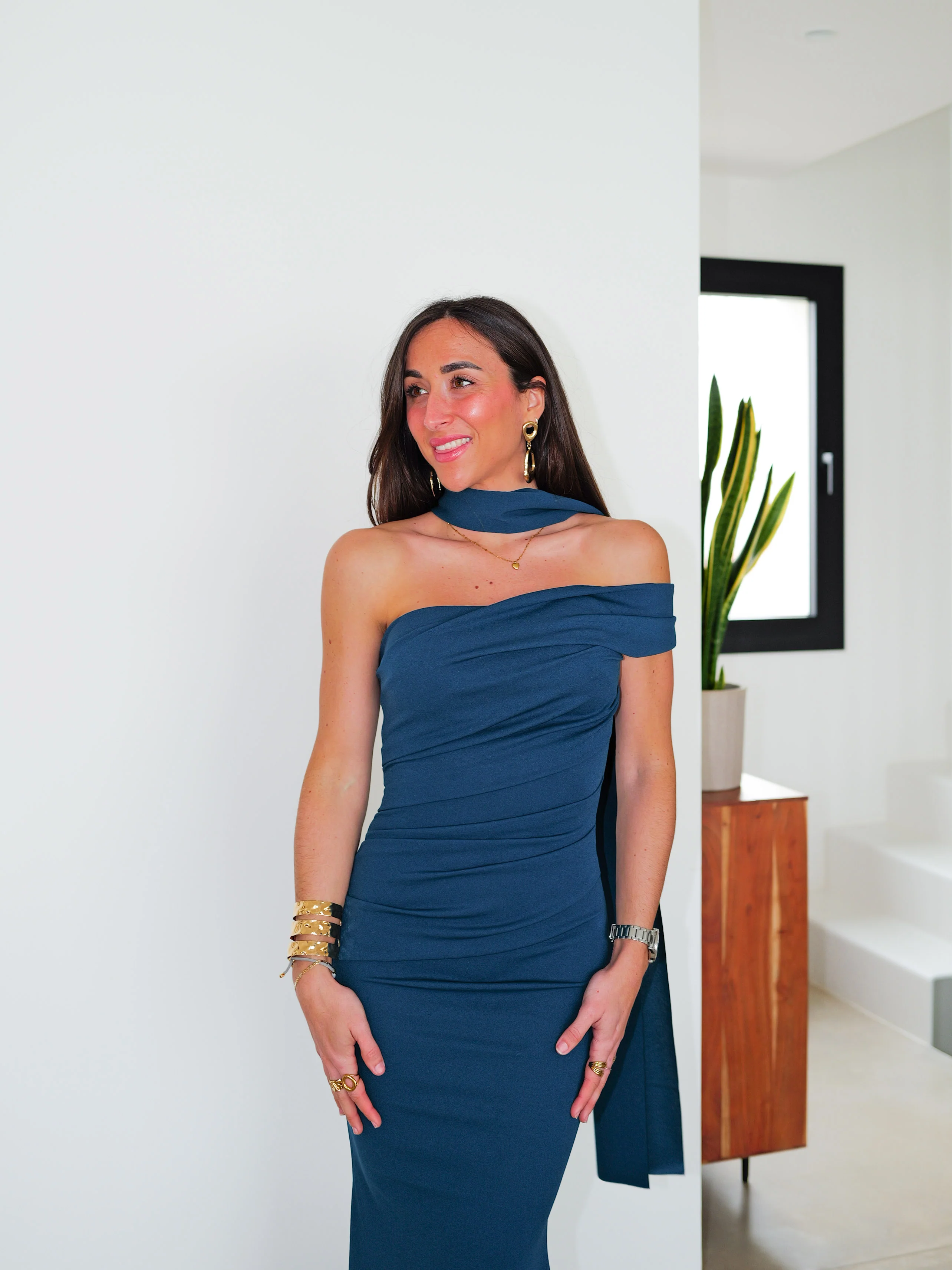 Vestido choker frunce asimétrico petróleo - Image 6