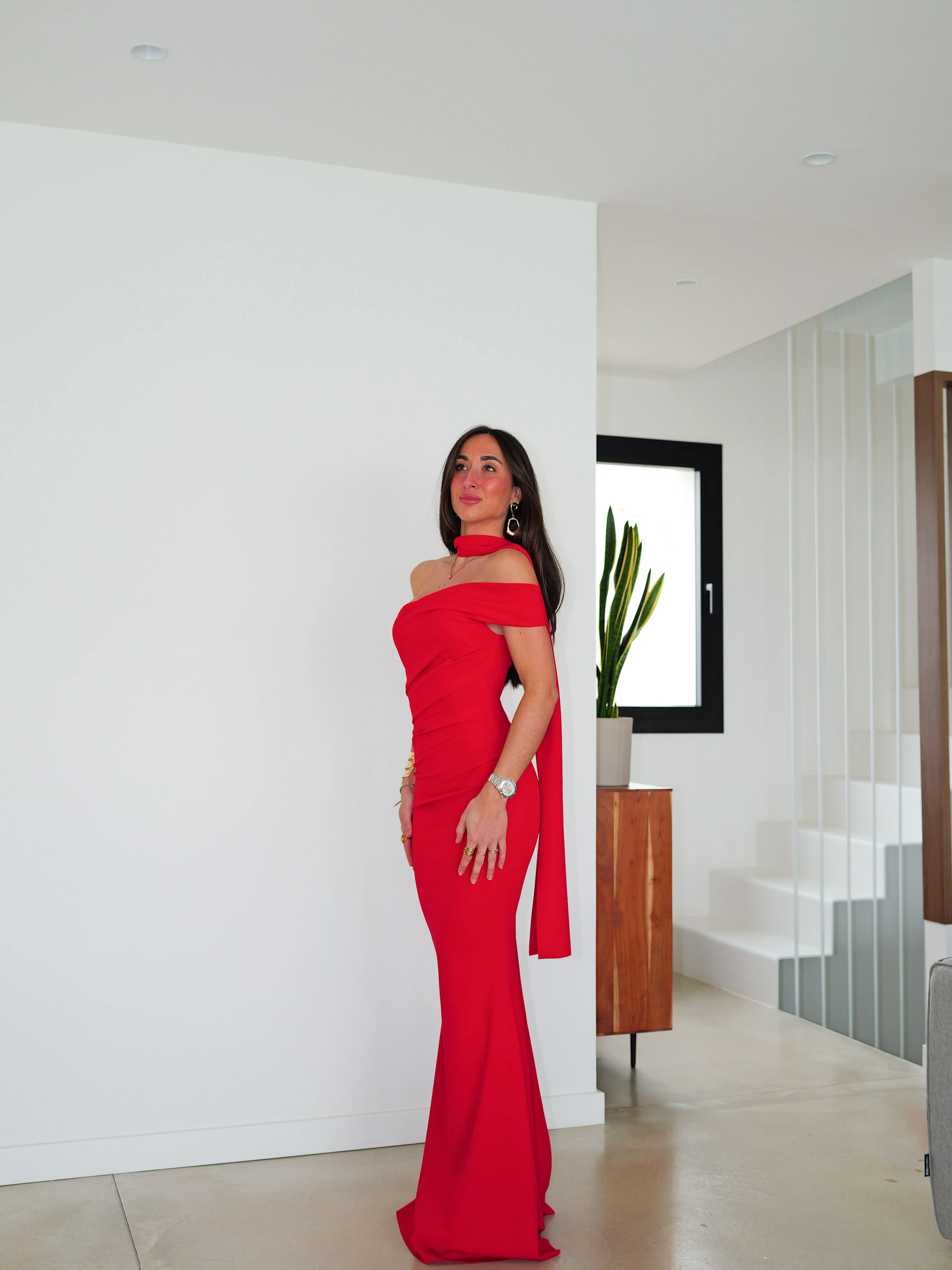 Vestido choker frunce asimétrico rojo - Image 6