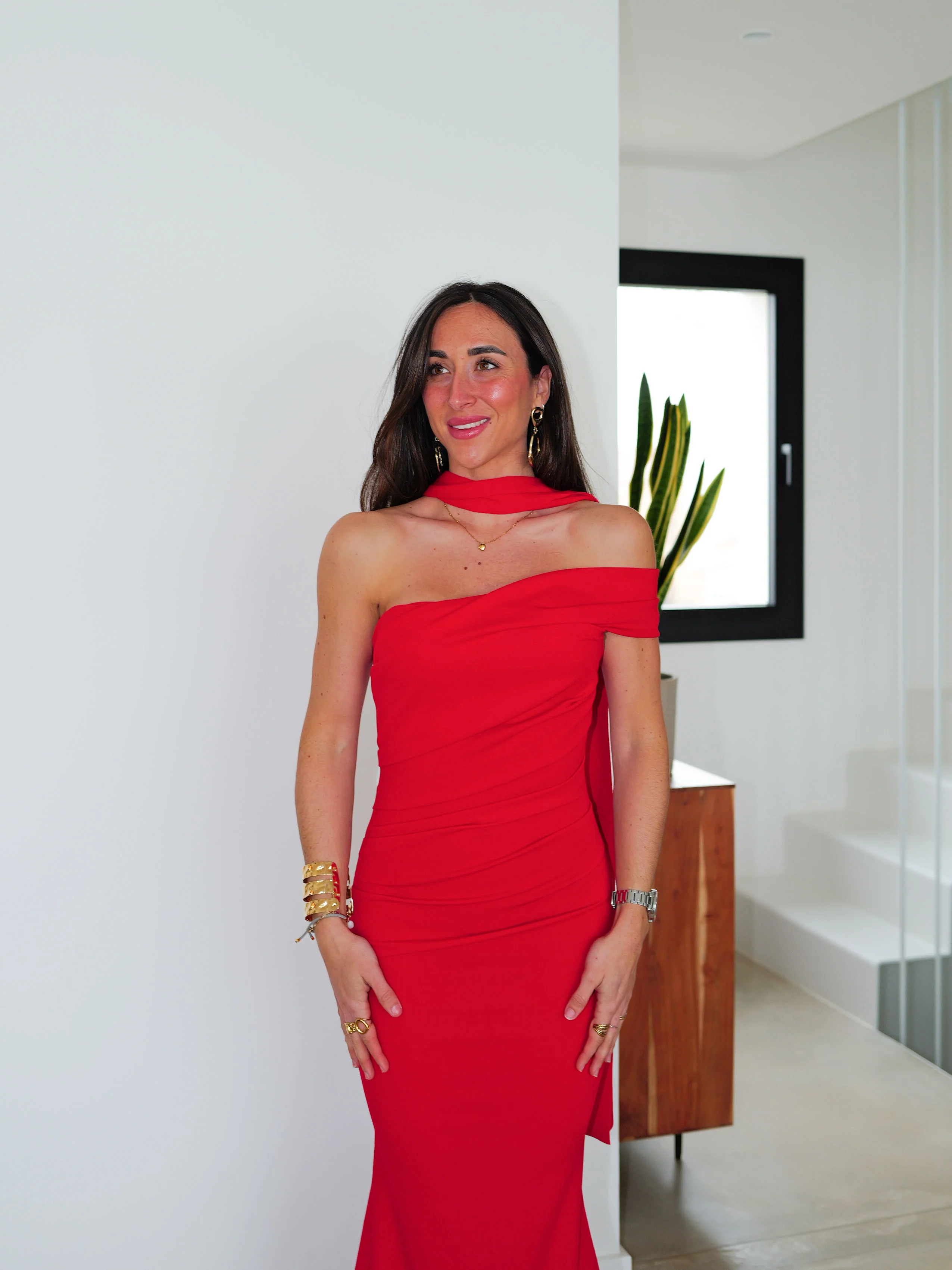 Vestido choker frunce asimétrico rojo - Image 7