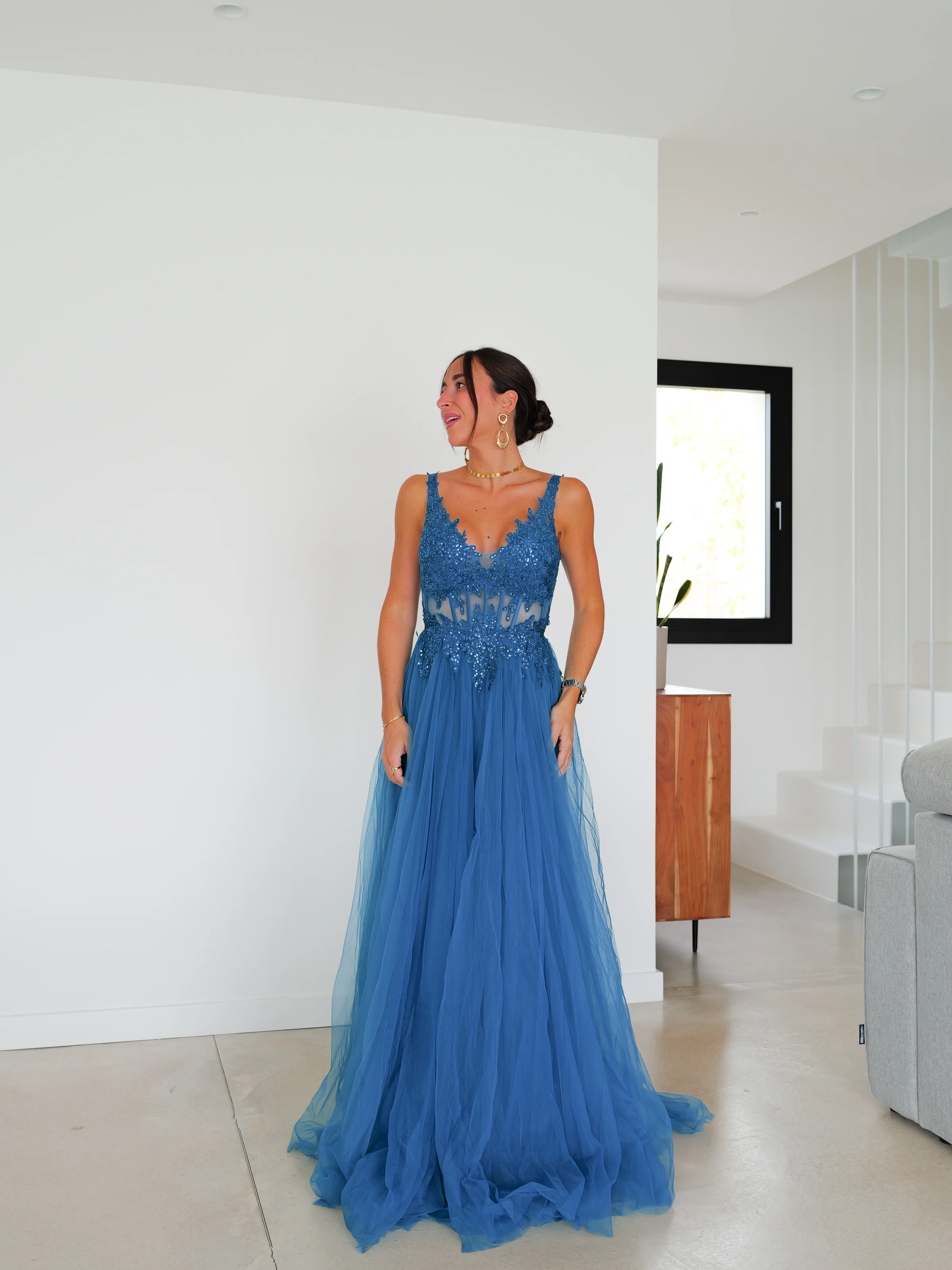 Vestido corsé pico tulle petroleo