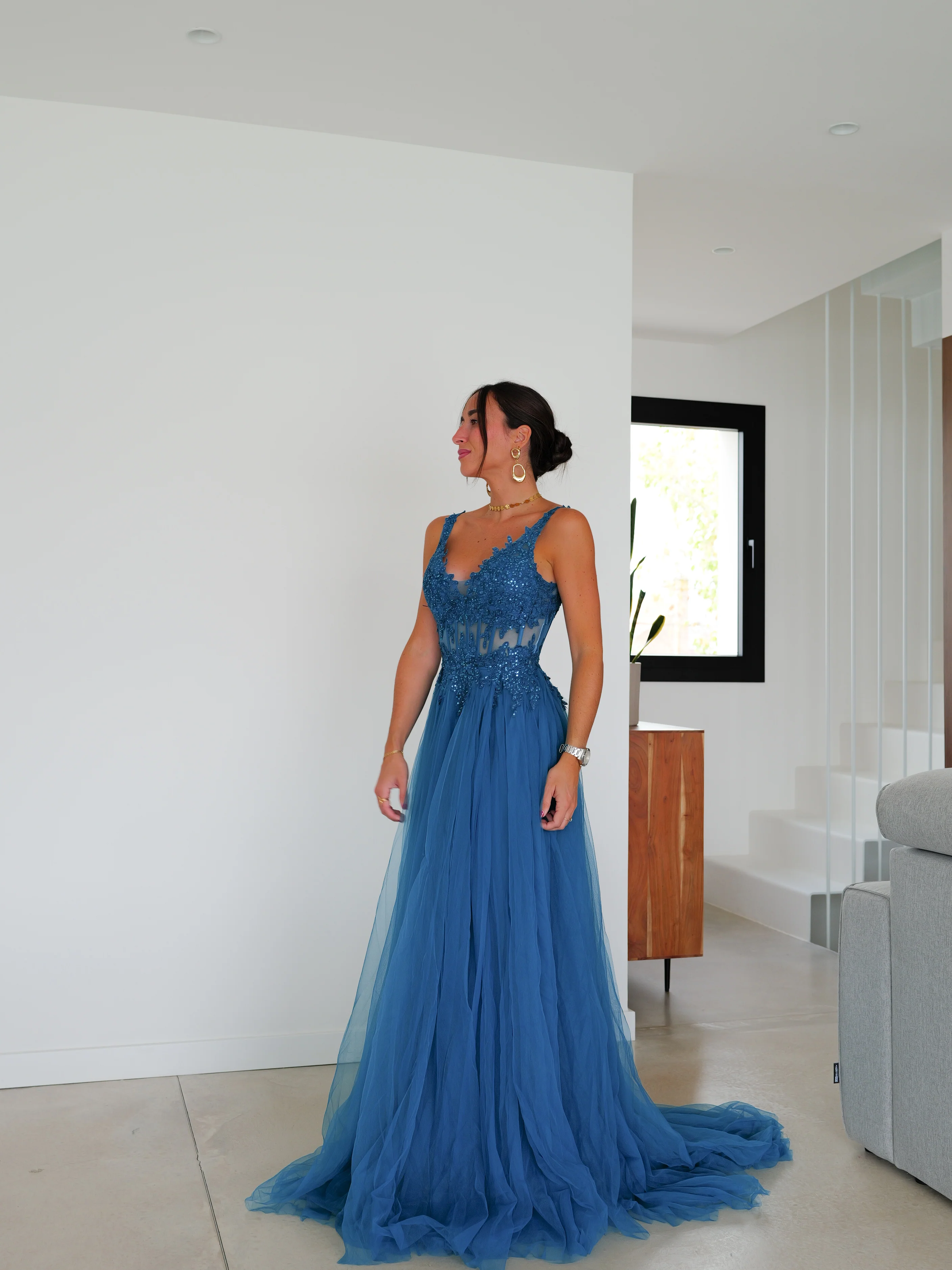 Vestido corsé pico tulle petroleo - Image 3