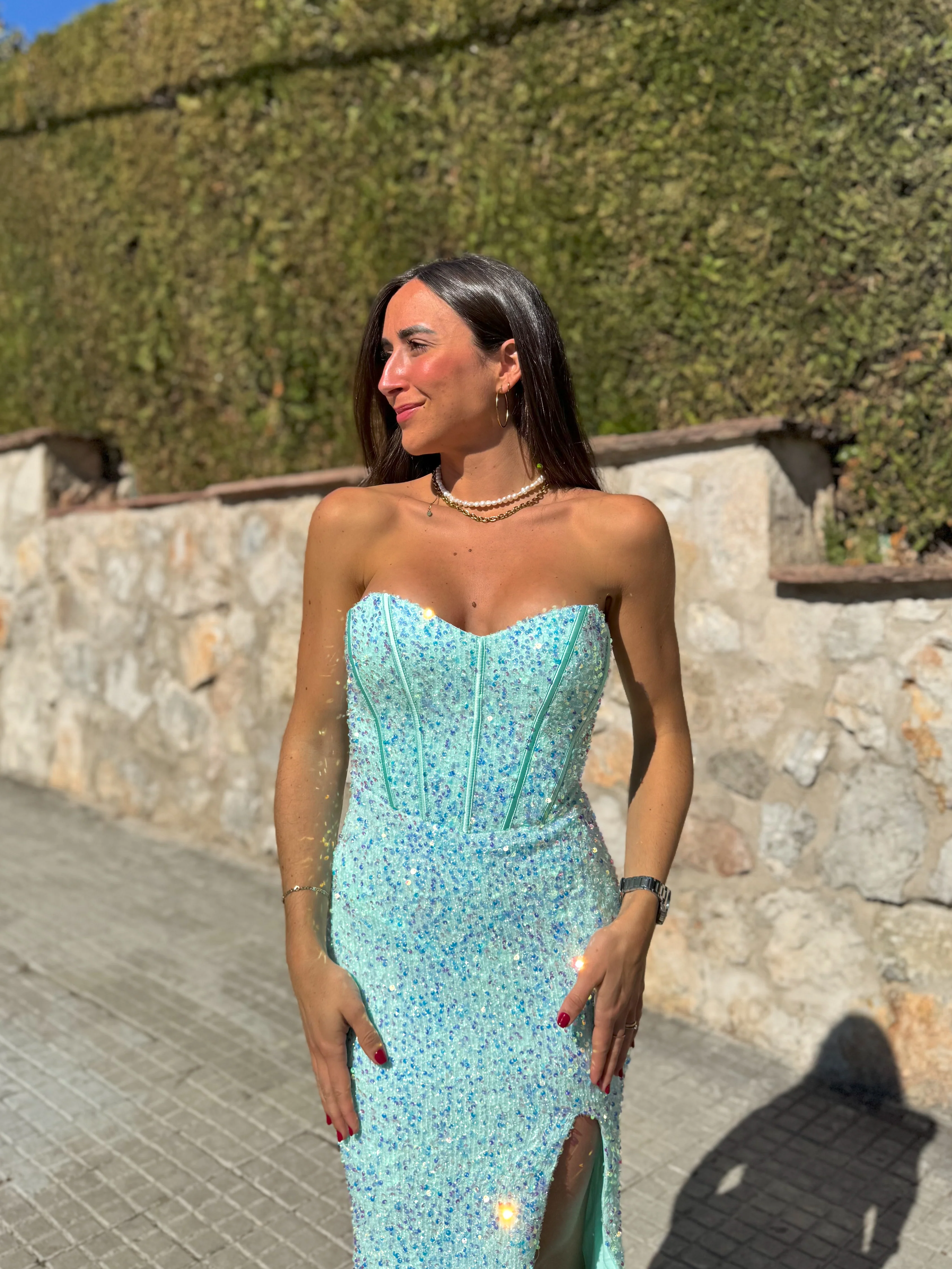 Vestido corse sirena glitter turquesa
