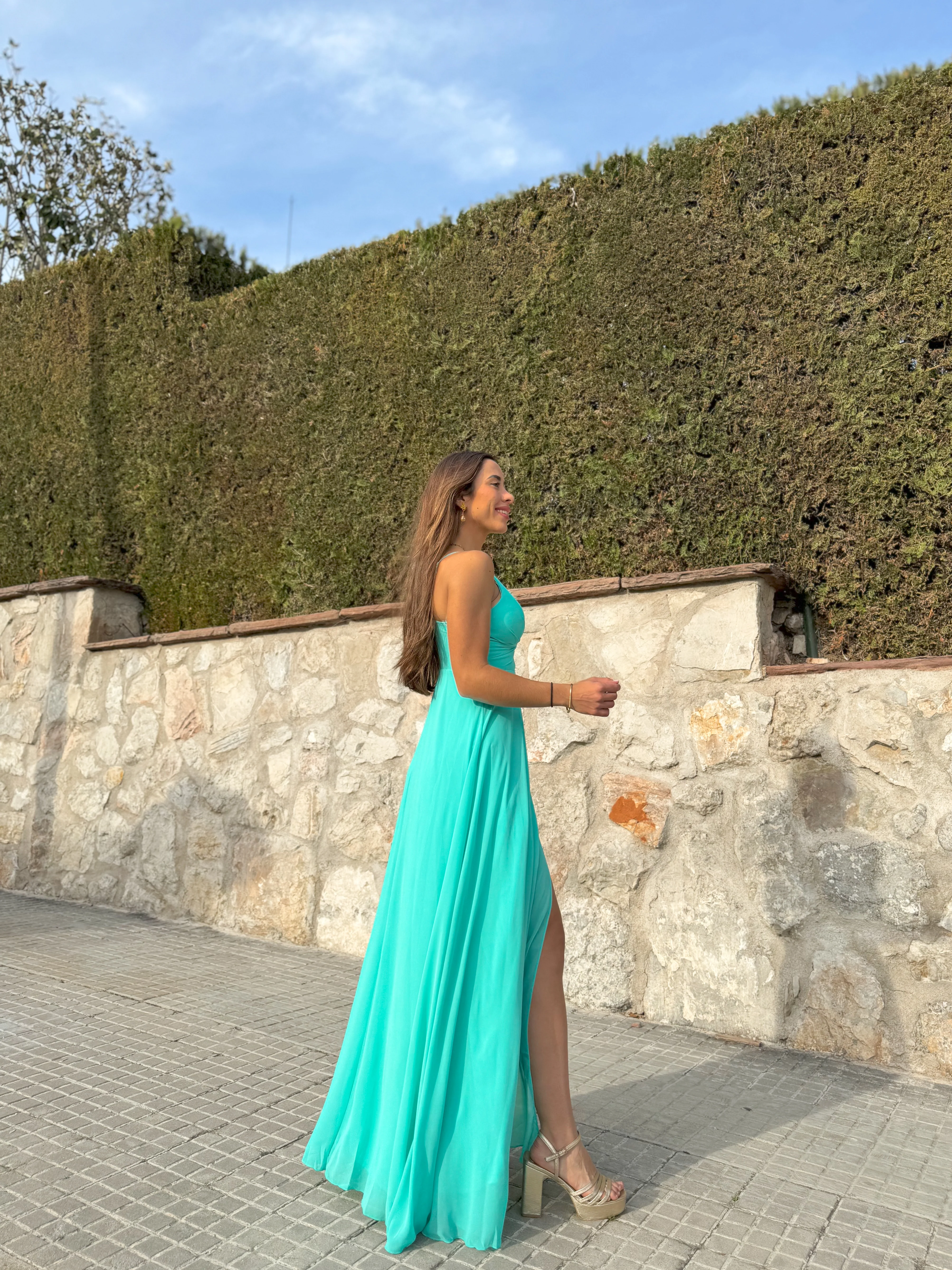 Vestido crepe pico turquesa - Image 3