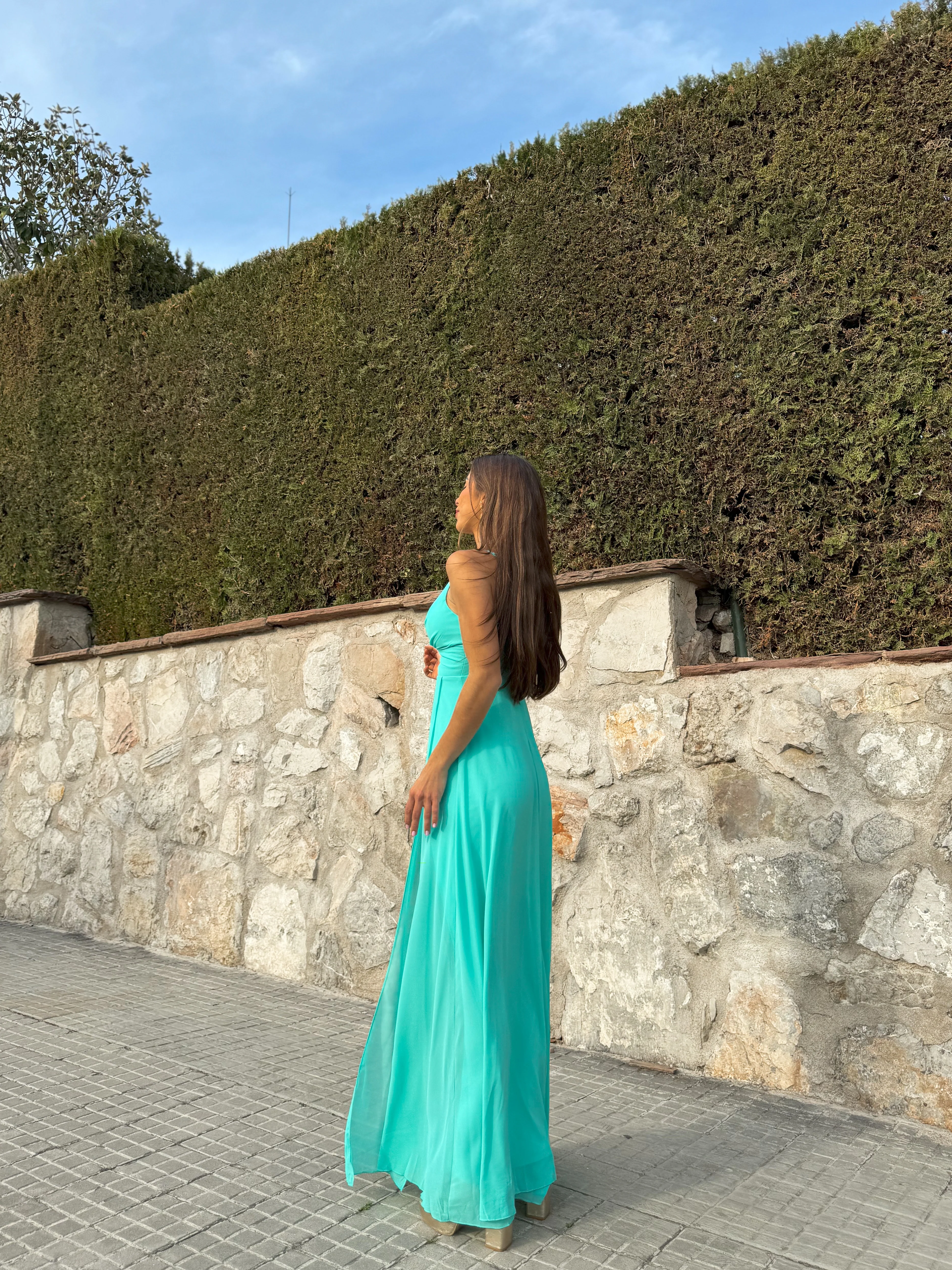 Vestido crepe pico turquesa - Image 4