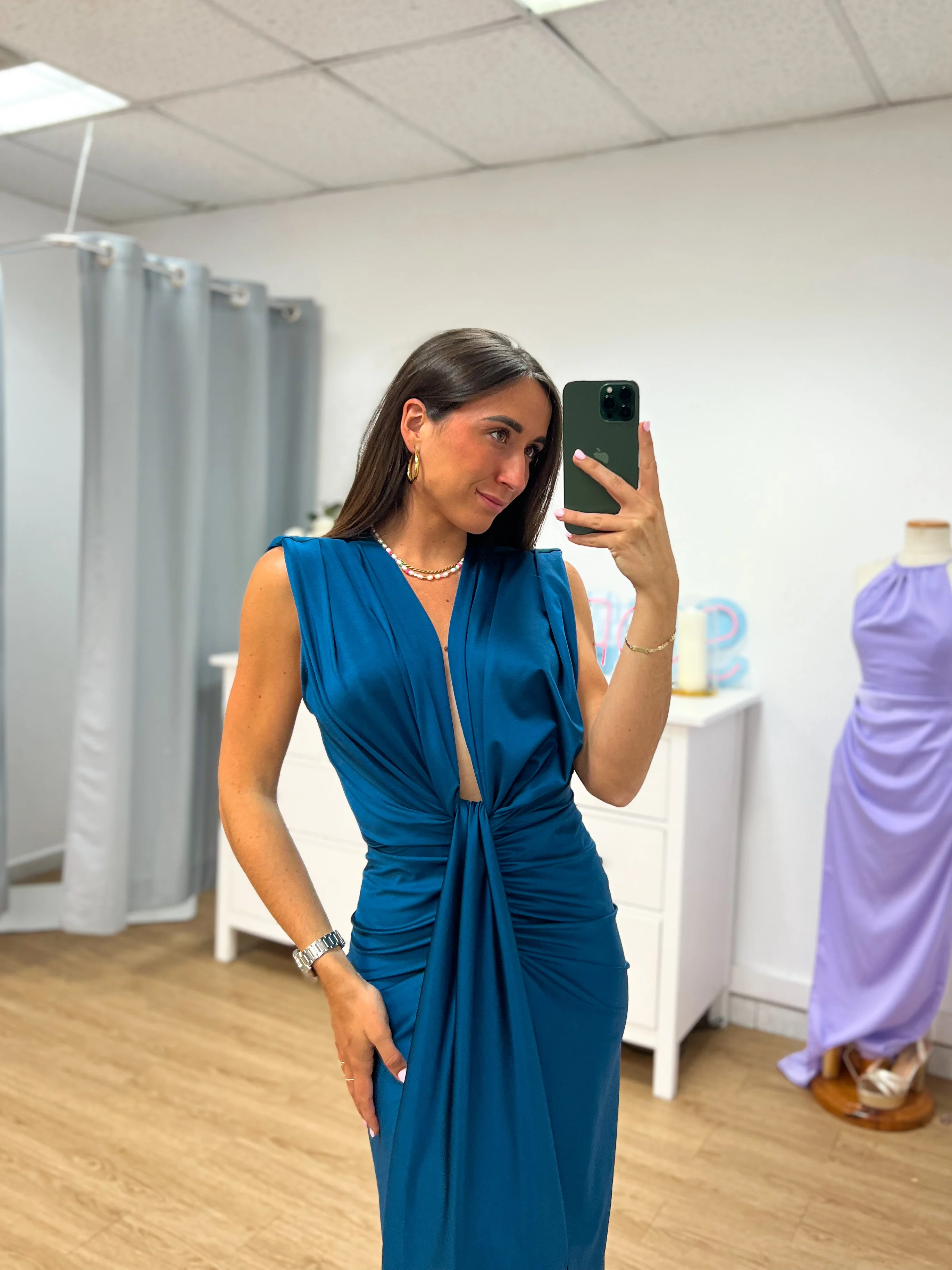 Vestido escote lazo petróleo - Image 3