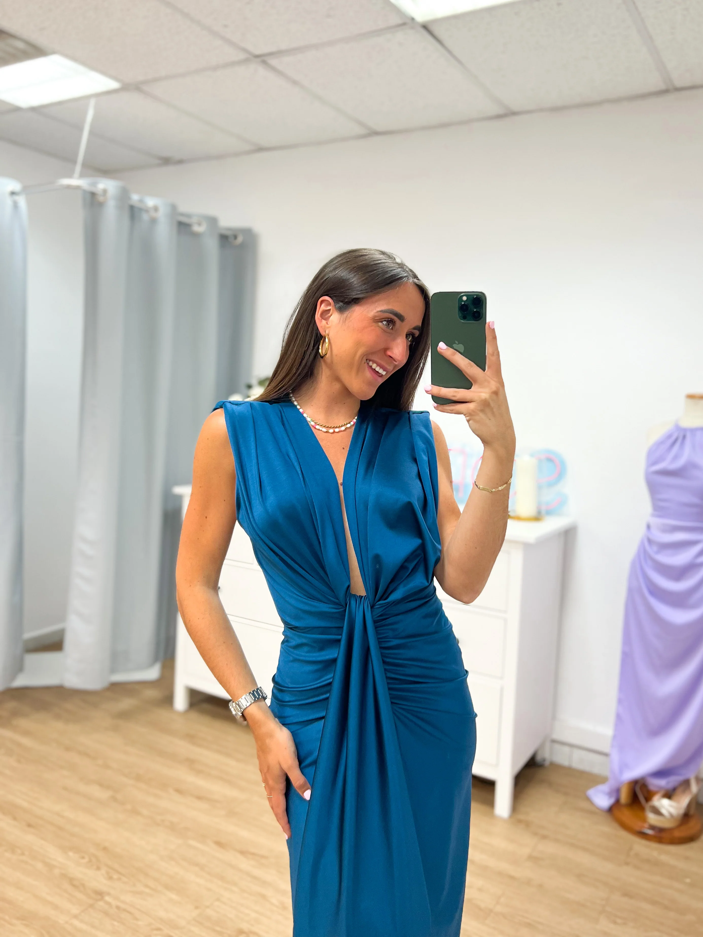 Vestido escote lazo petróleo - Image 4