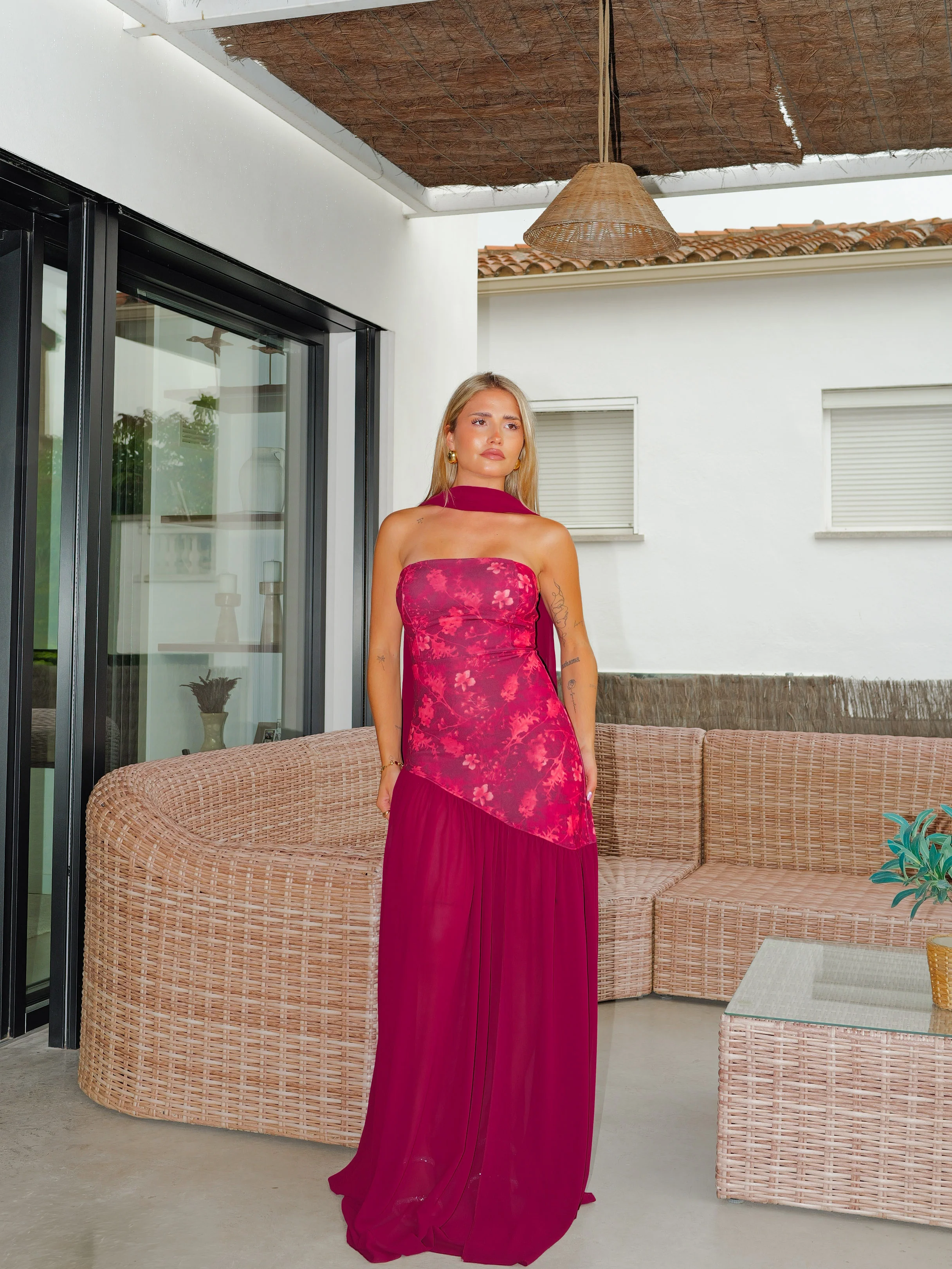 Vestido estampado falda gasa burdeos - Image 3