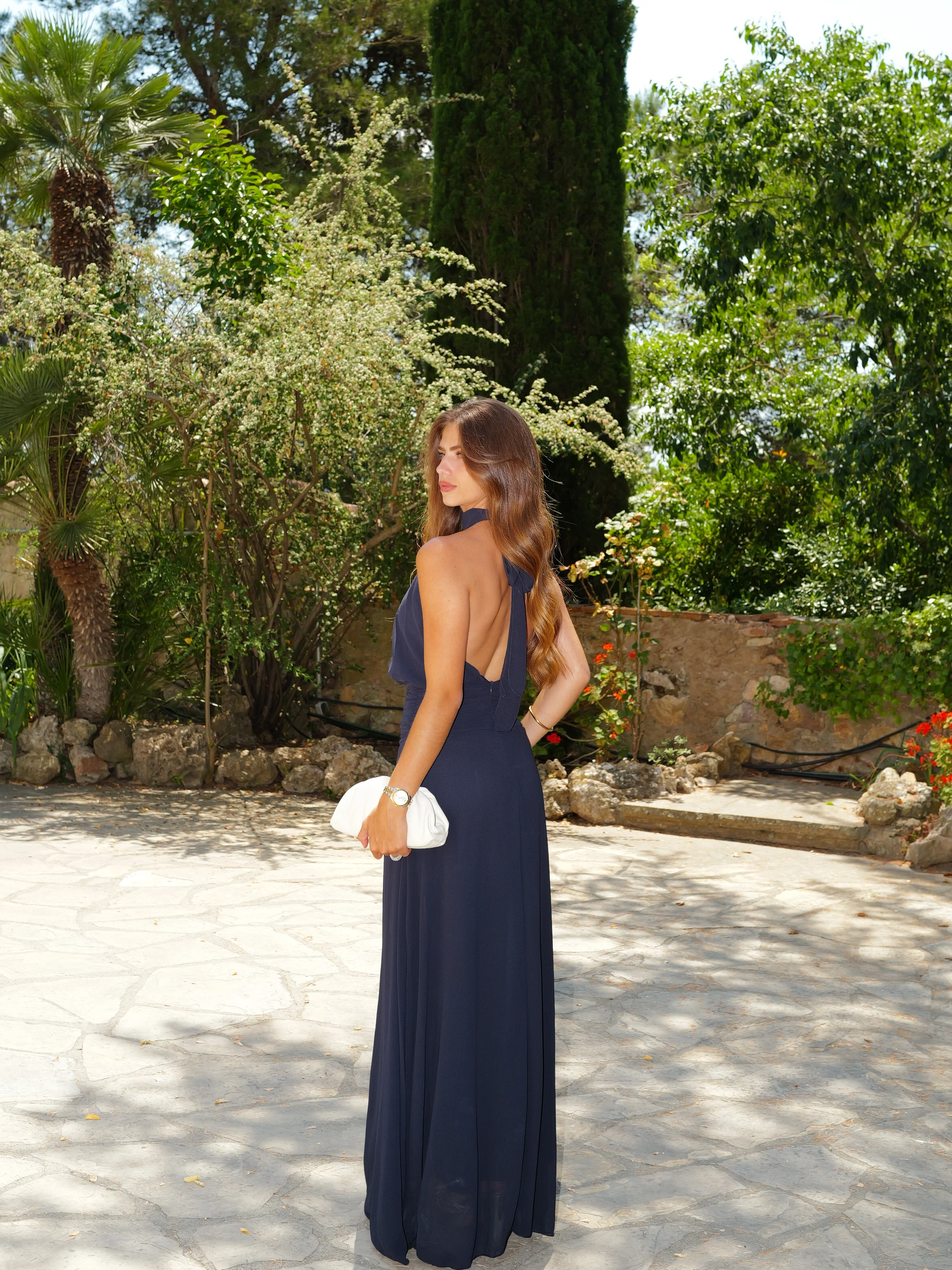 Vestido halter cintura drapeado marino - Image 2
