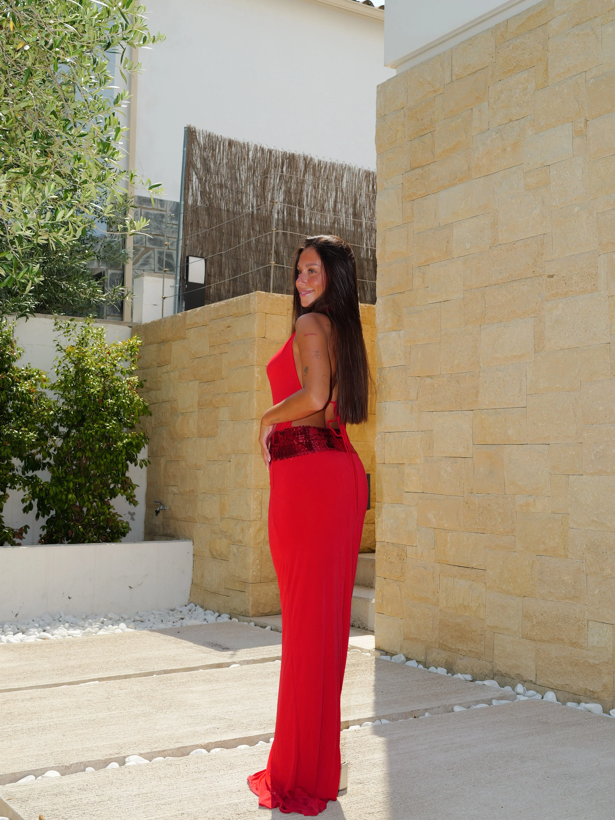 Vestido largo cascada glitter rojo - Image 6