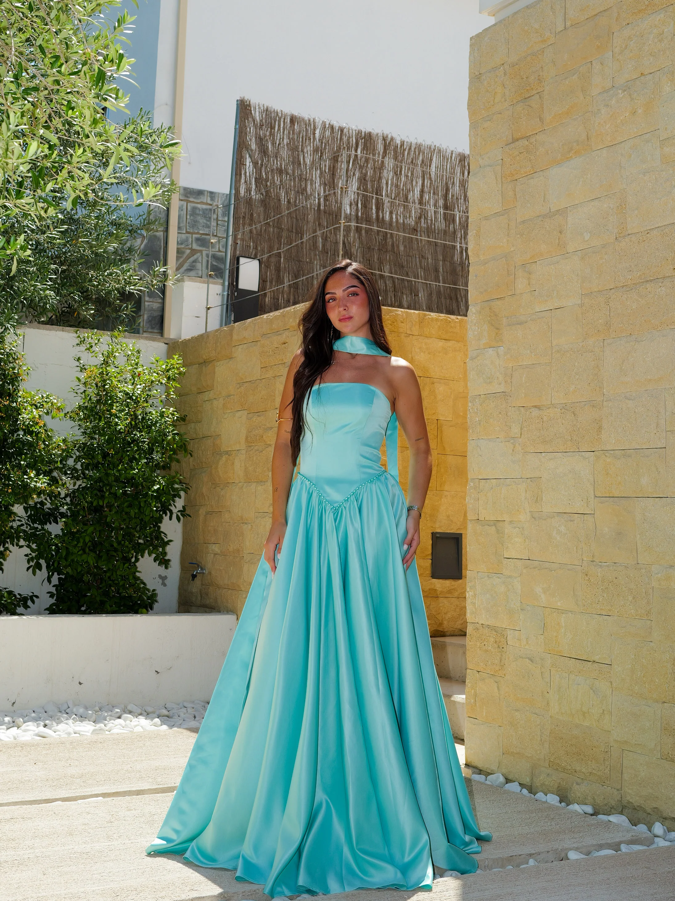 Vestido largo cintura perlas turquesa - Image 2