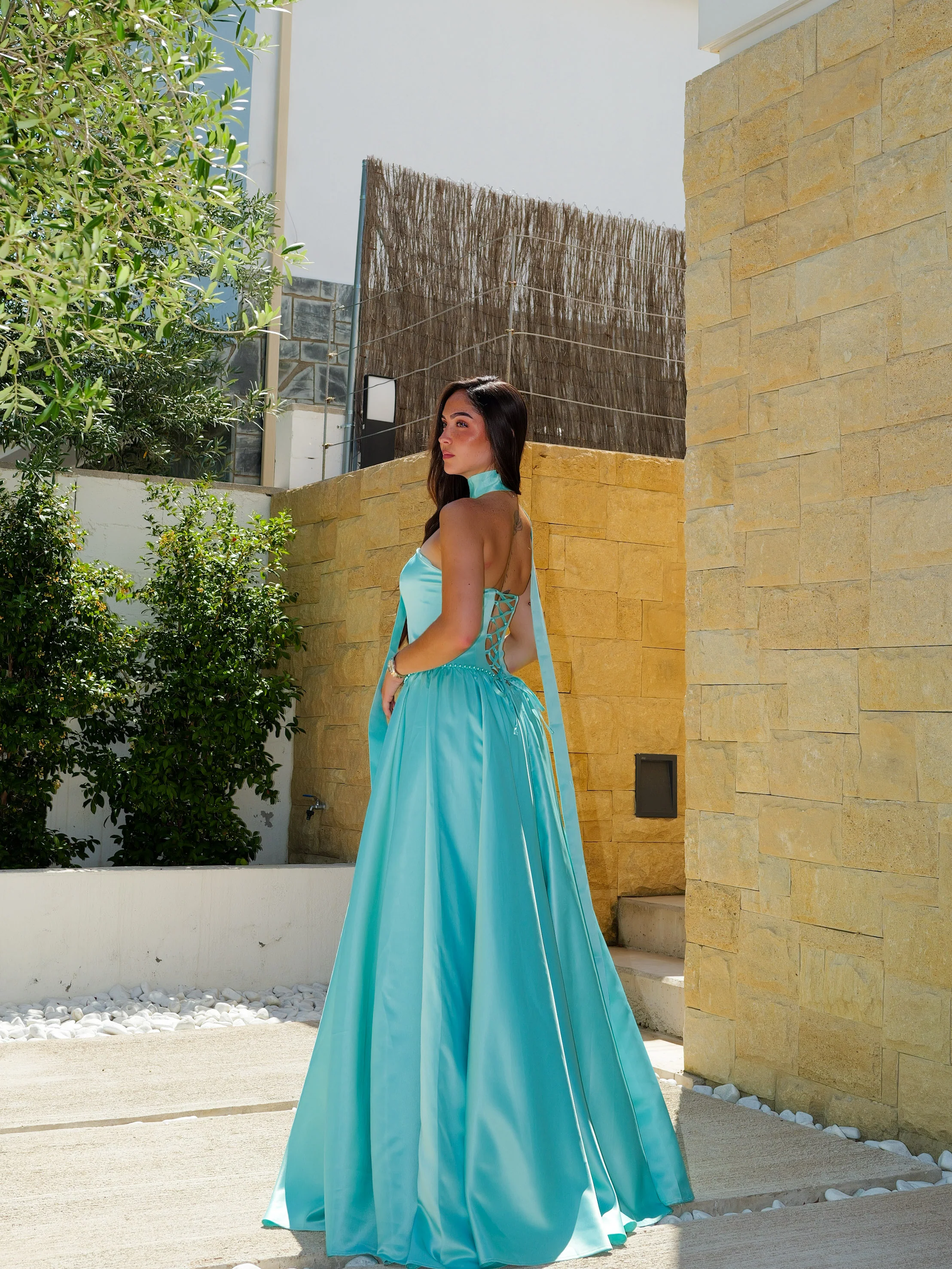 Vestido largo cintura perlas turquesa - Image 4