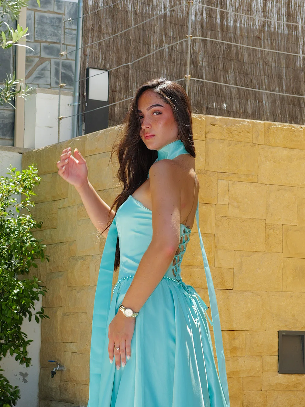 Vestido largo cintura perlas turquesa - Image 5