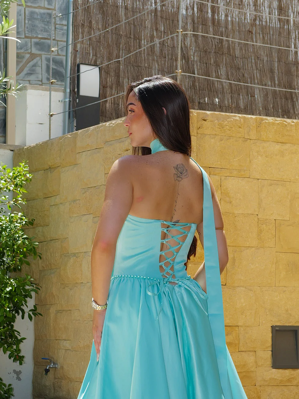 Vestido largo cintura perlas turquesa - Image 7
