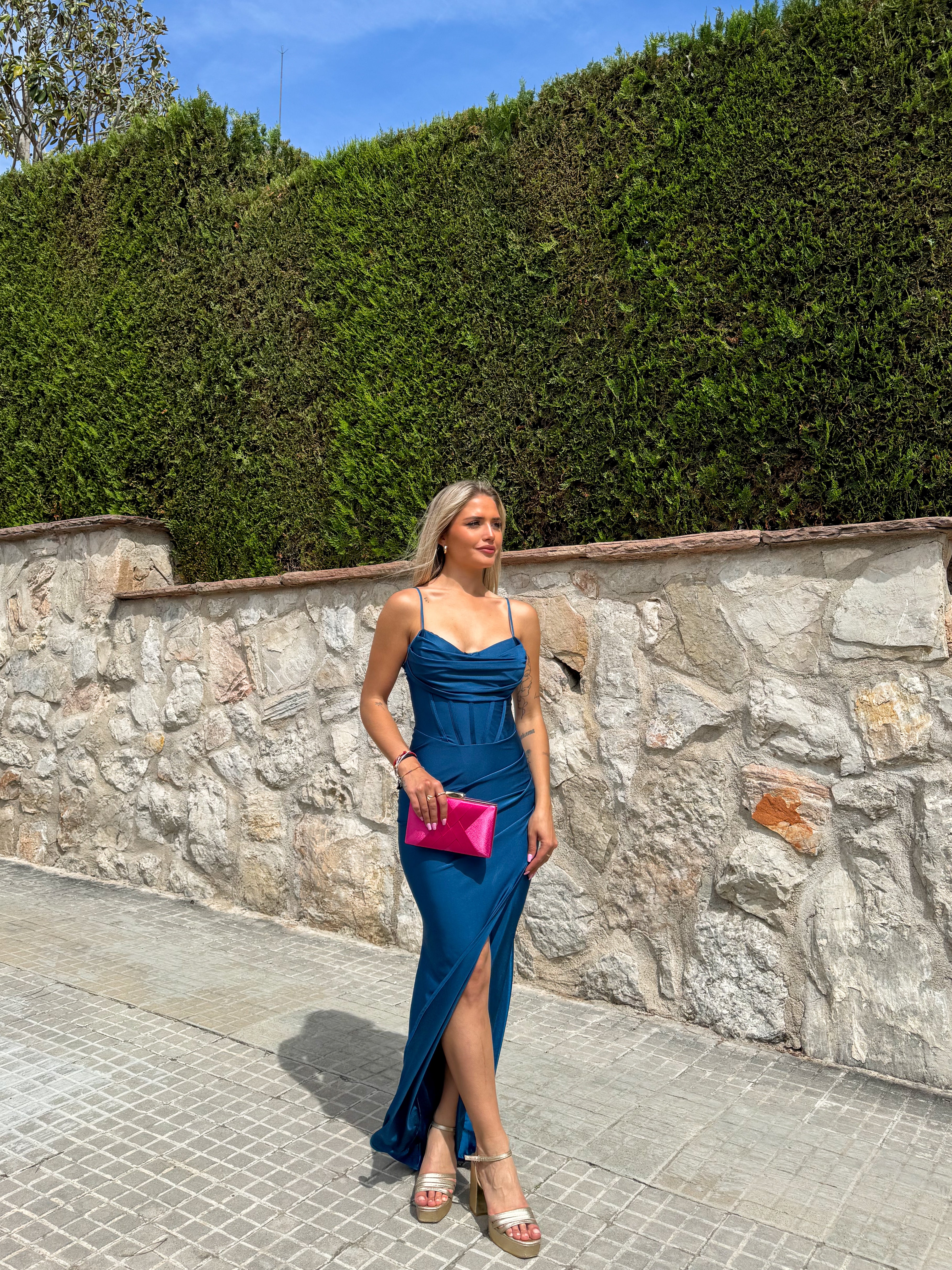 Vestido largo corse satinado petróleo - Image 4