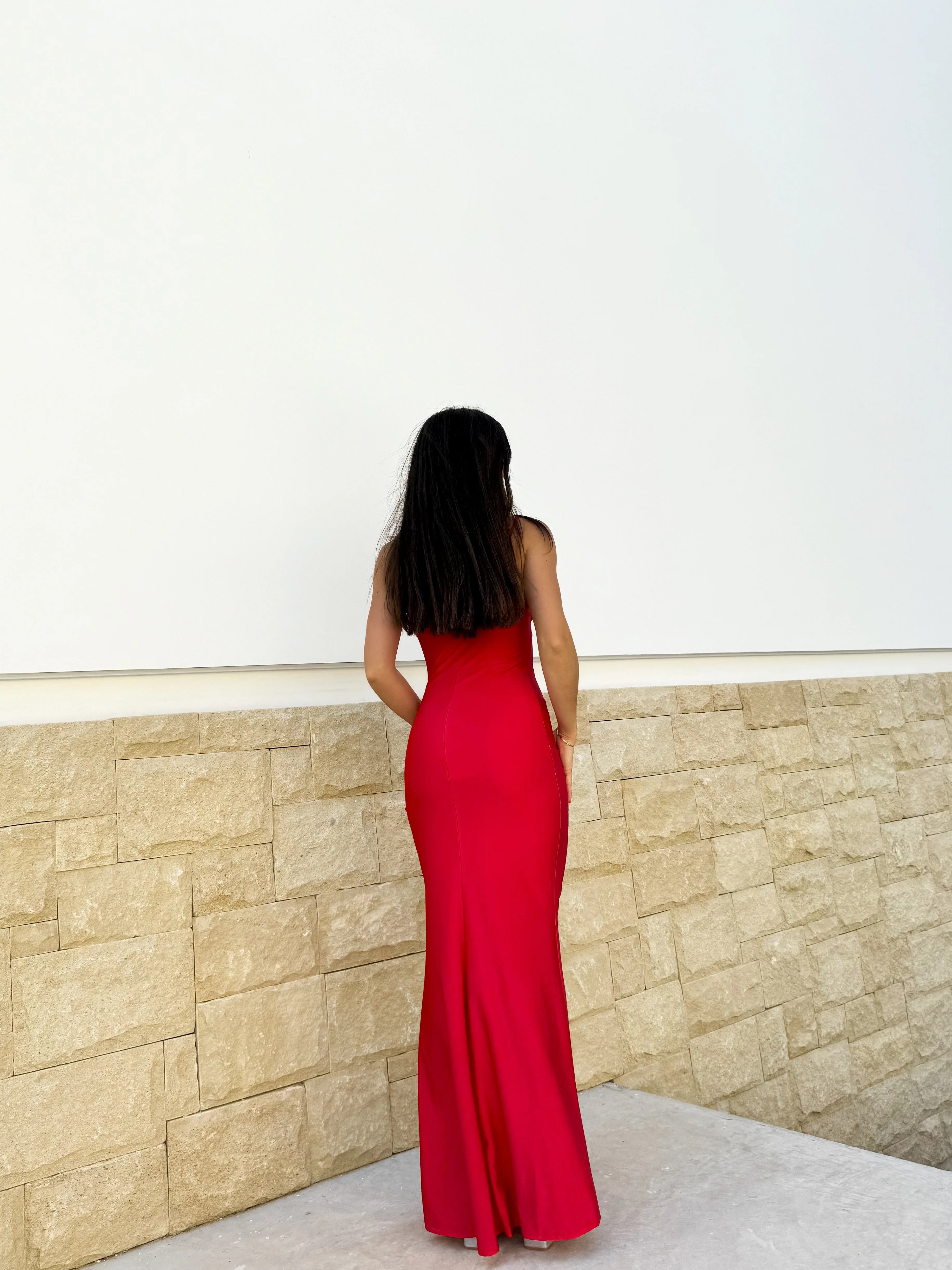 Vestido largo corse satinado rojo - Image 4