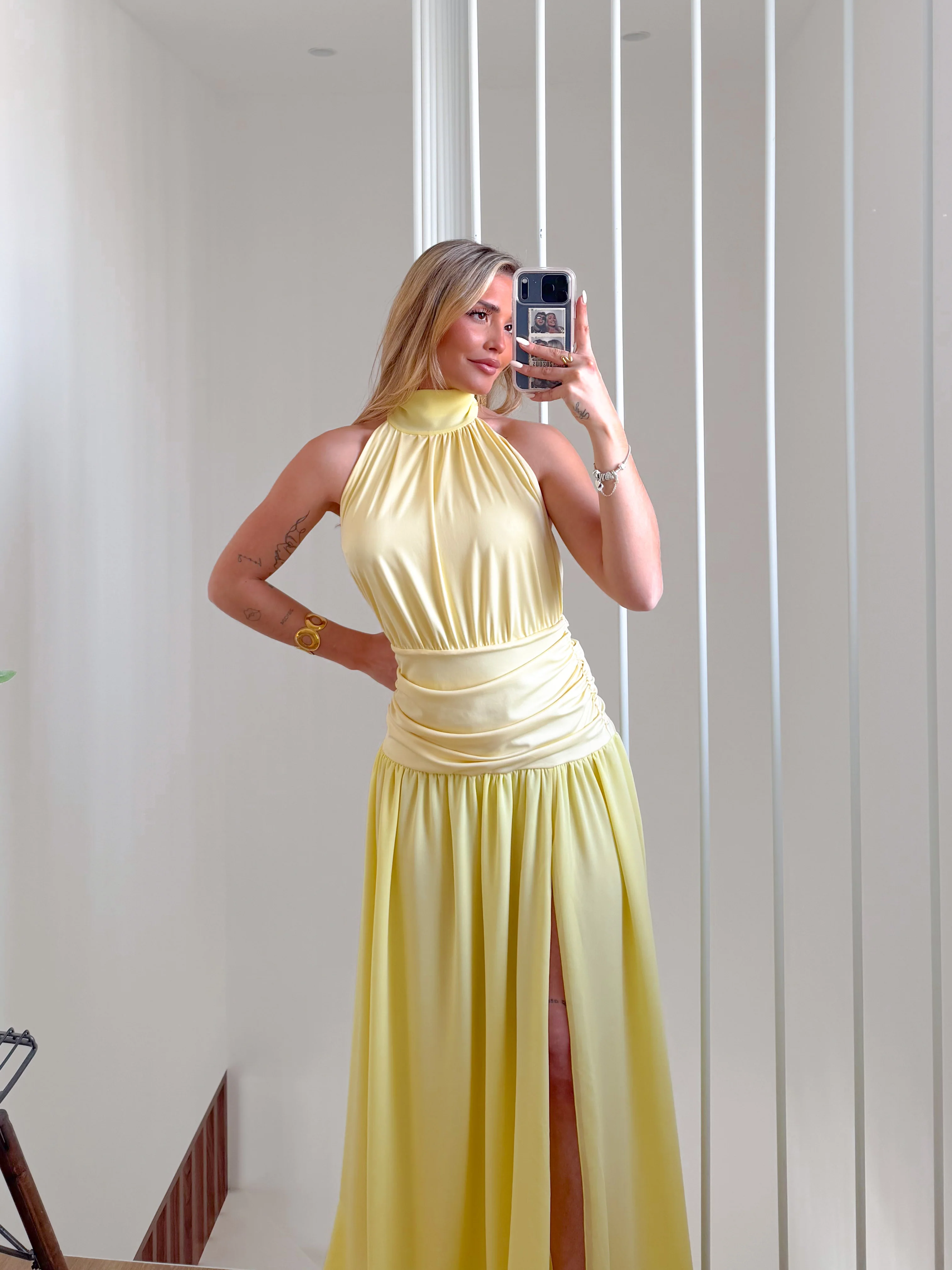 Vestido largo falda georgette amarillo