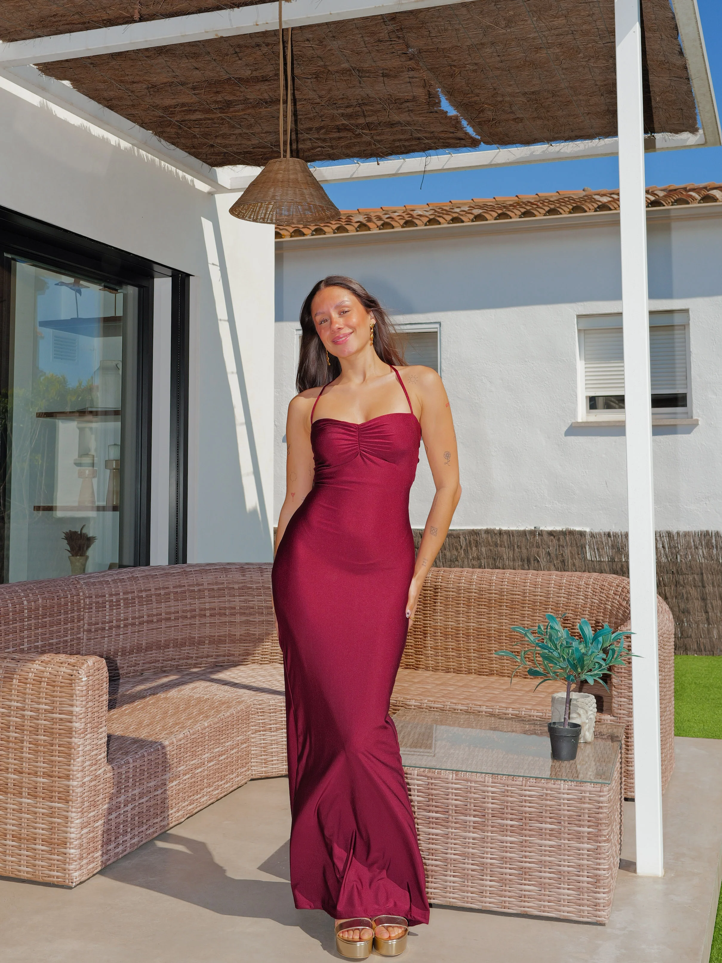 Vestido largo palabra frunce entrelazado burdeos - Image 3