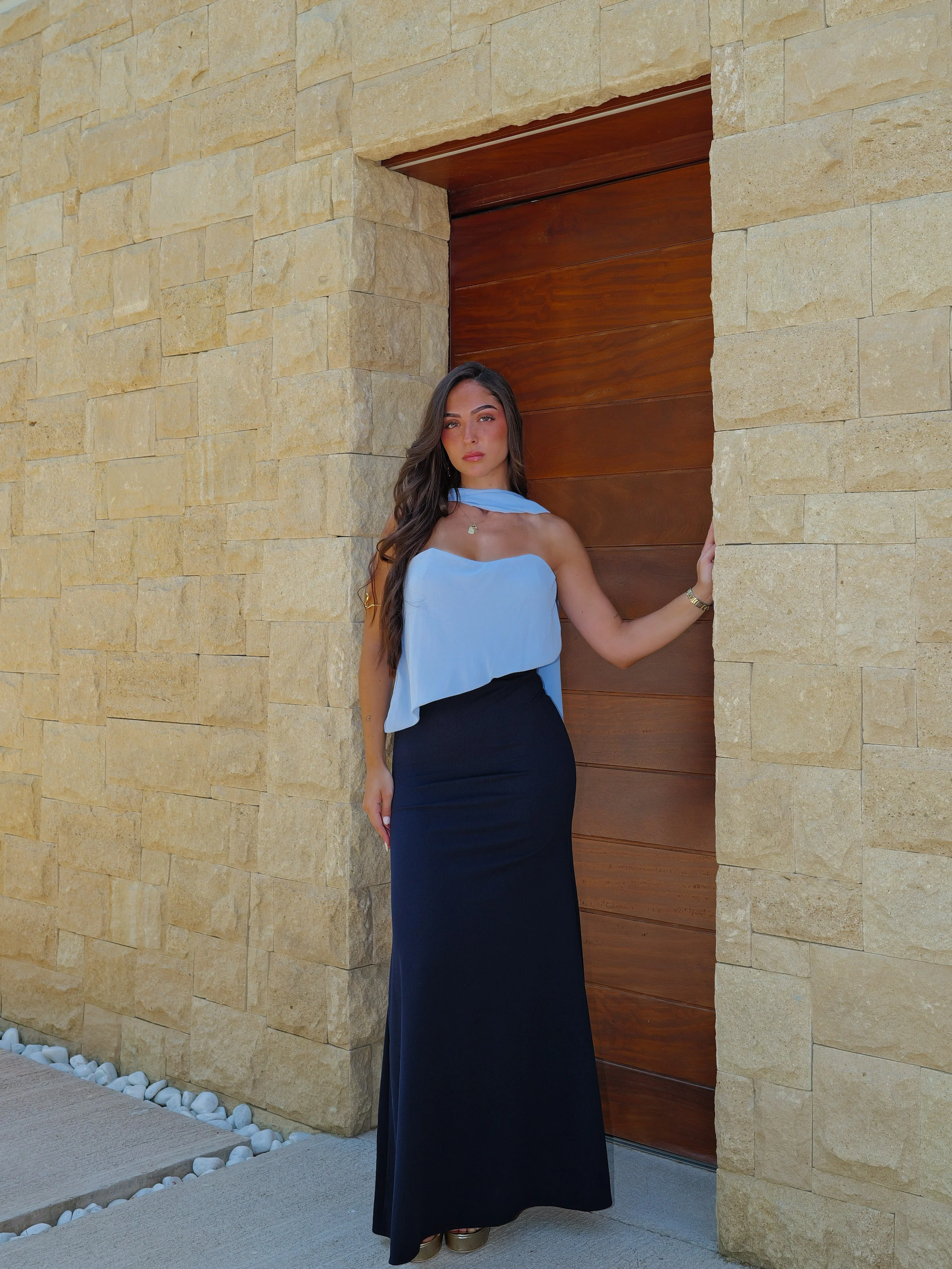 Vestido palabra gasa asim bicolor marino