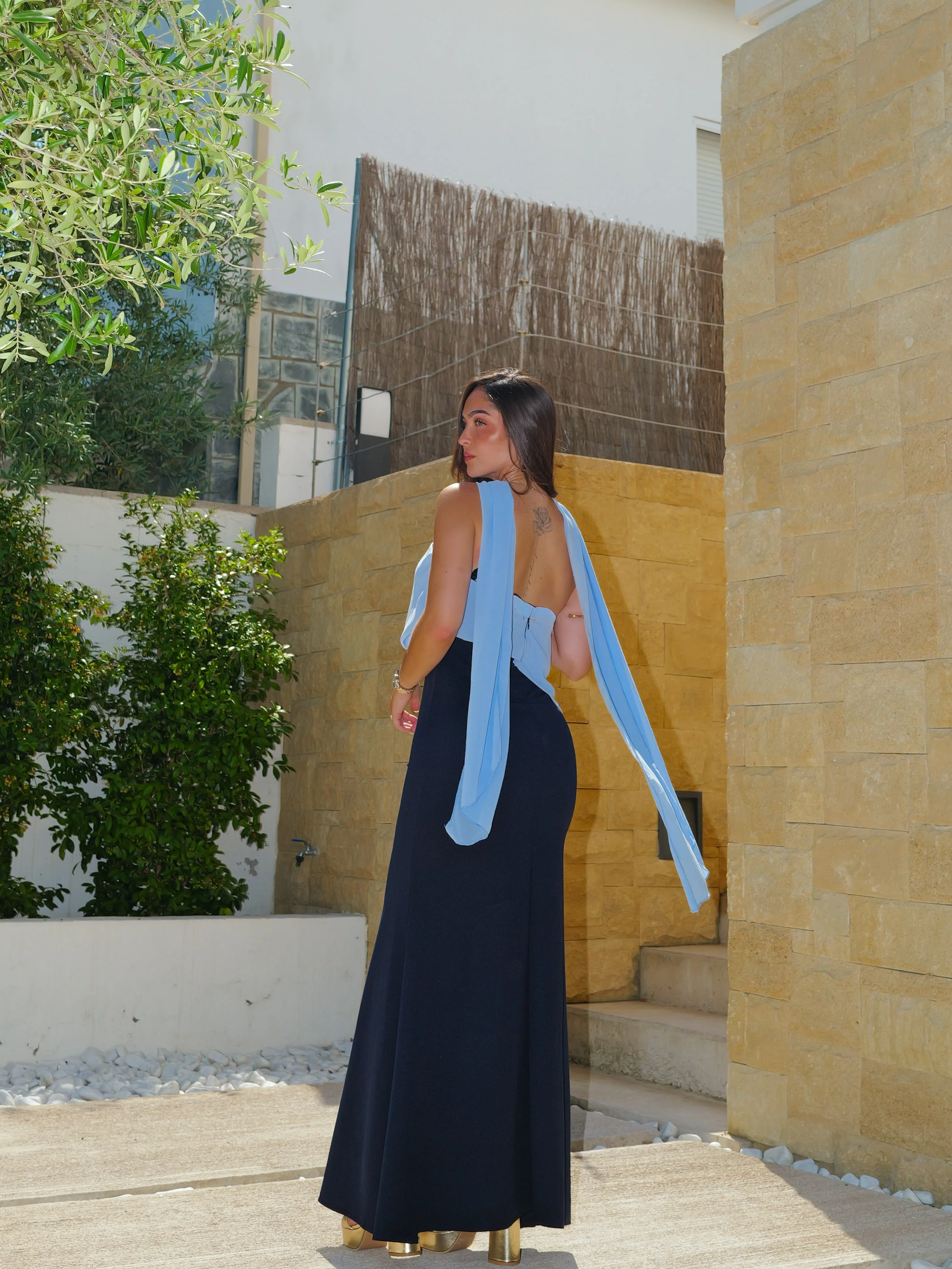 Vestido palabra gasa asim bicolor marino - Image 3