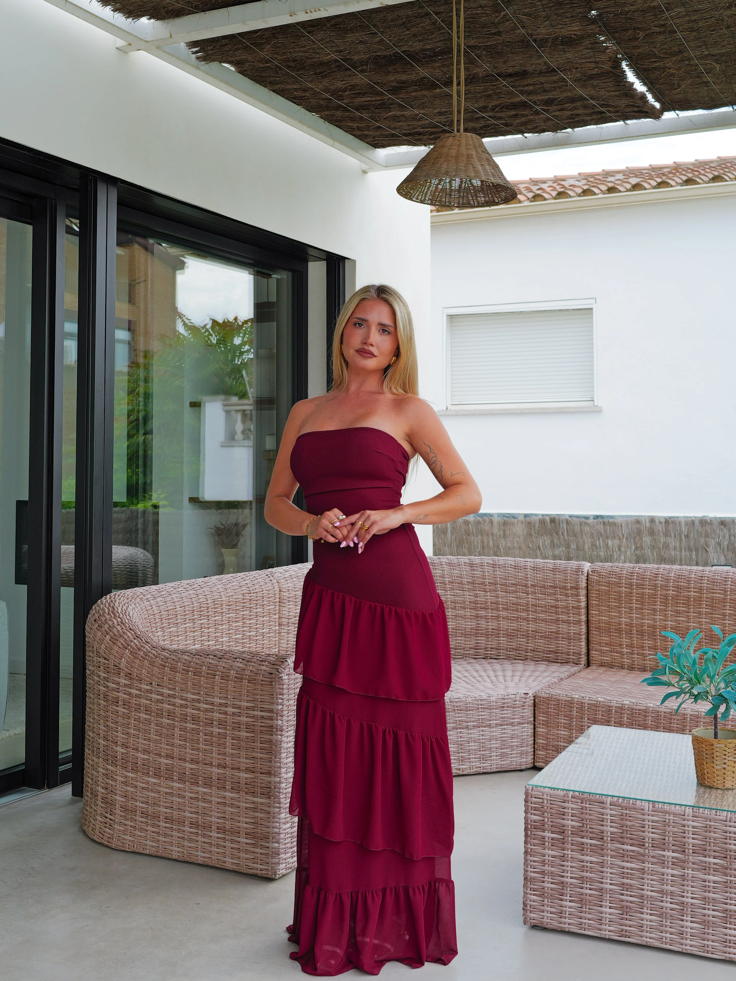 Vestido palabra volantes asimetrico burdeos - Image 3