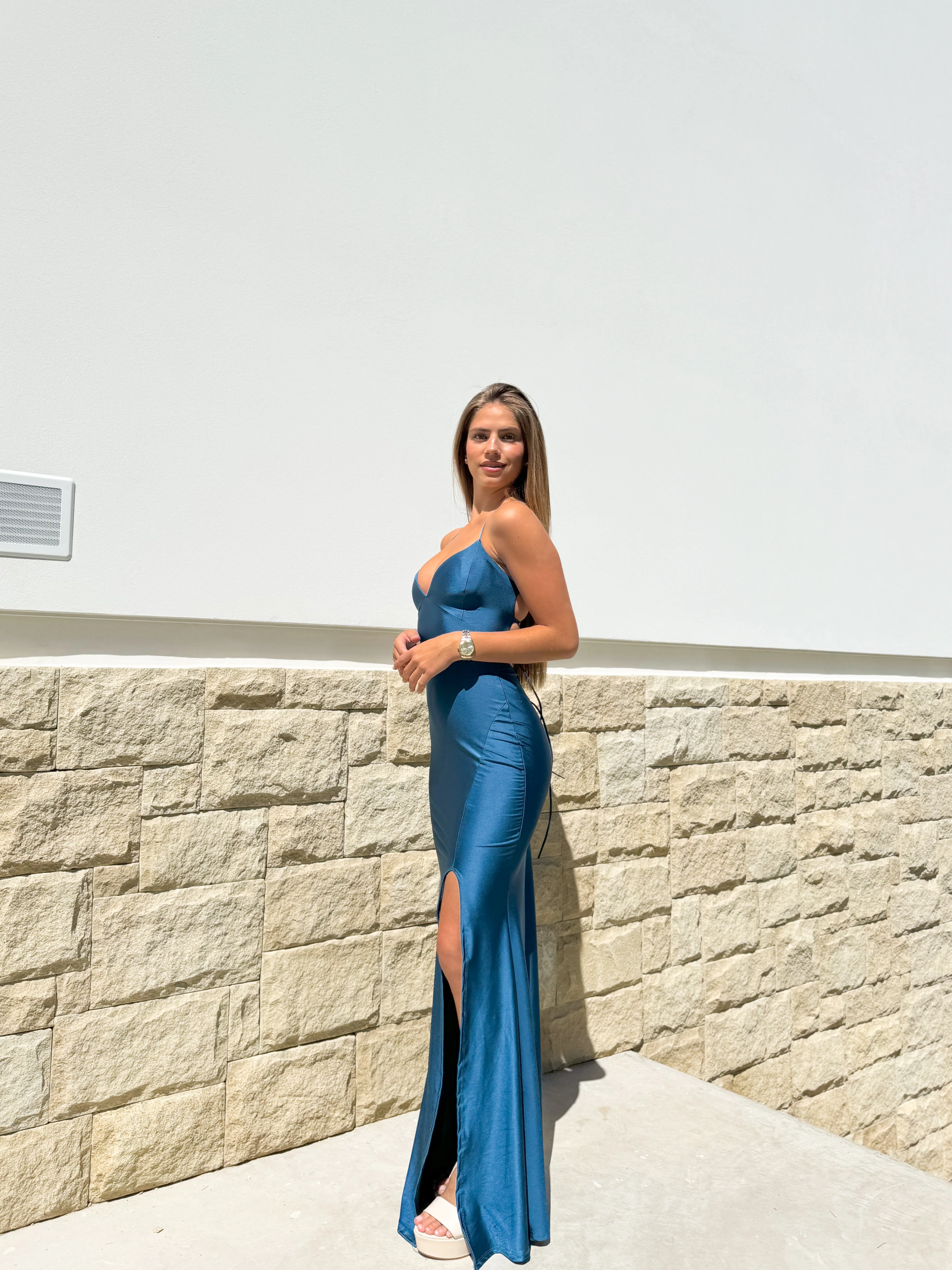 Vestido pico satin entrelazado petróleo - Image 6