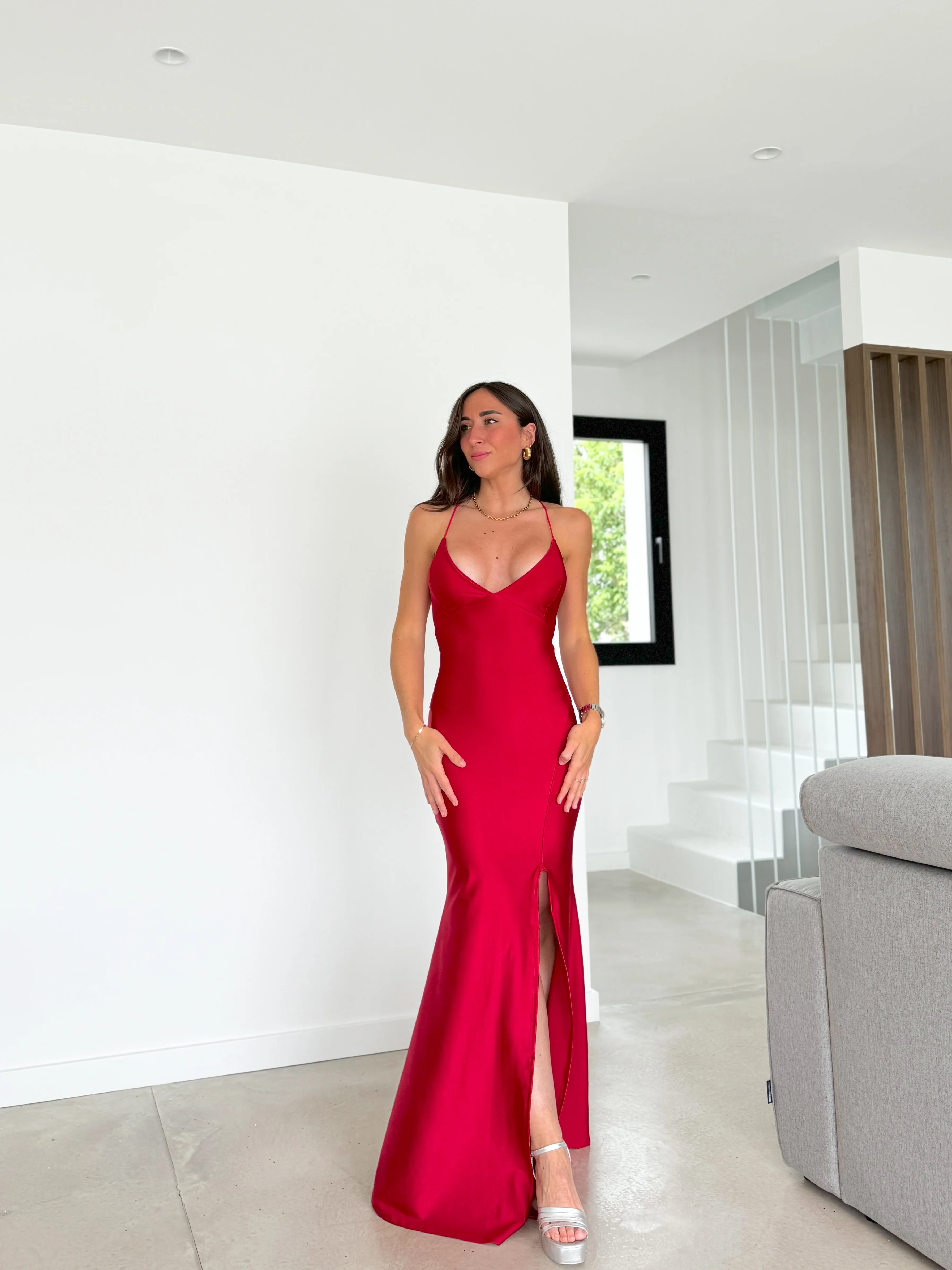Vestido pico satin entrelazado rojo