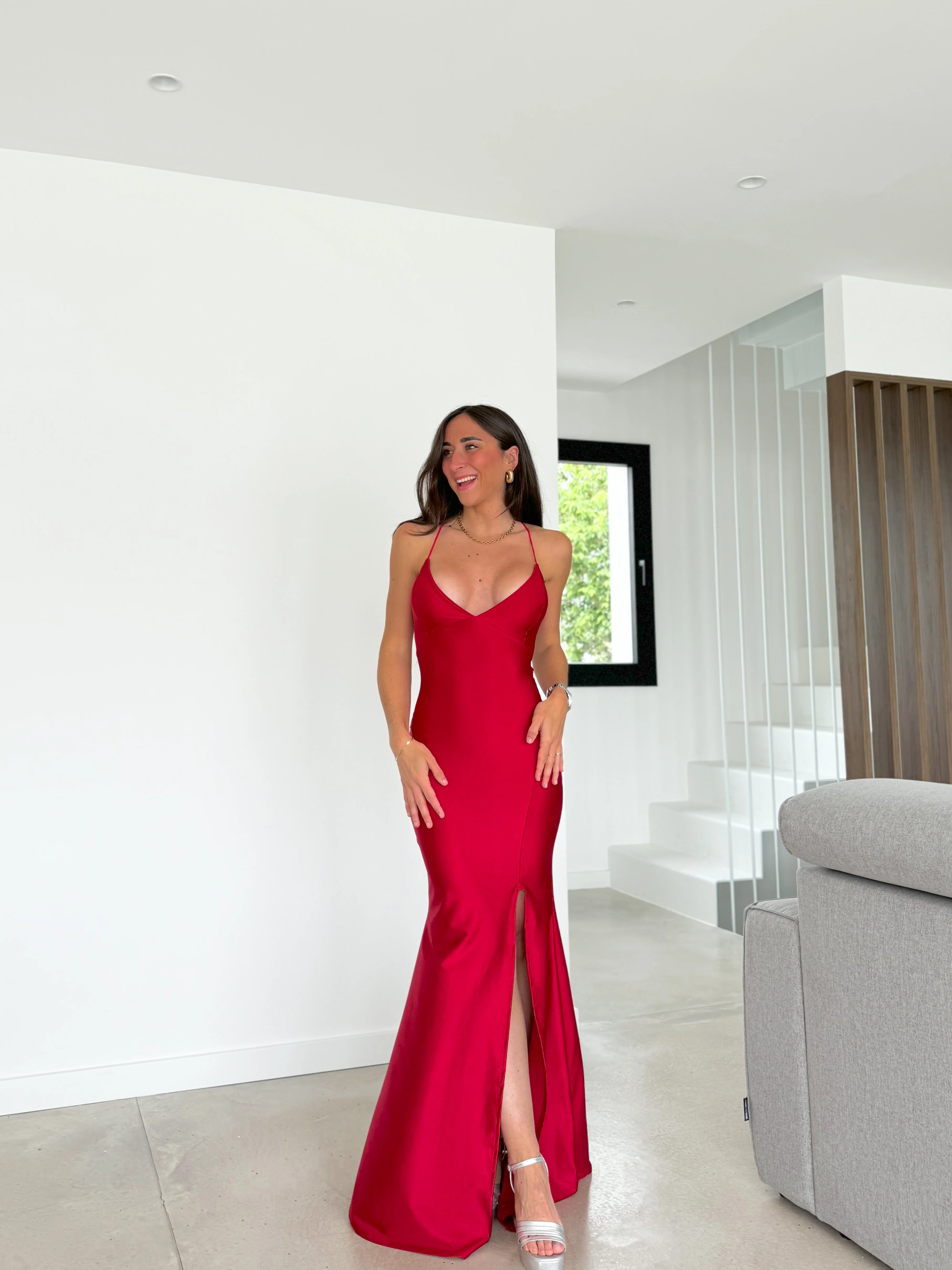 Vestido pico satin entrelazado rojo - Image 7