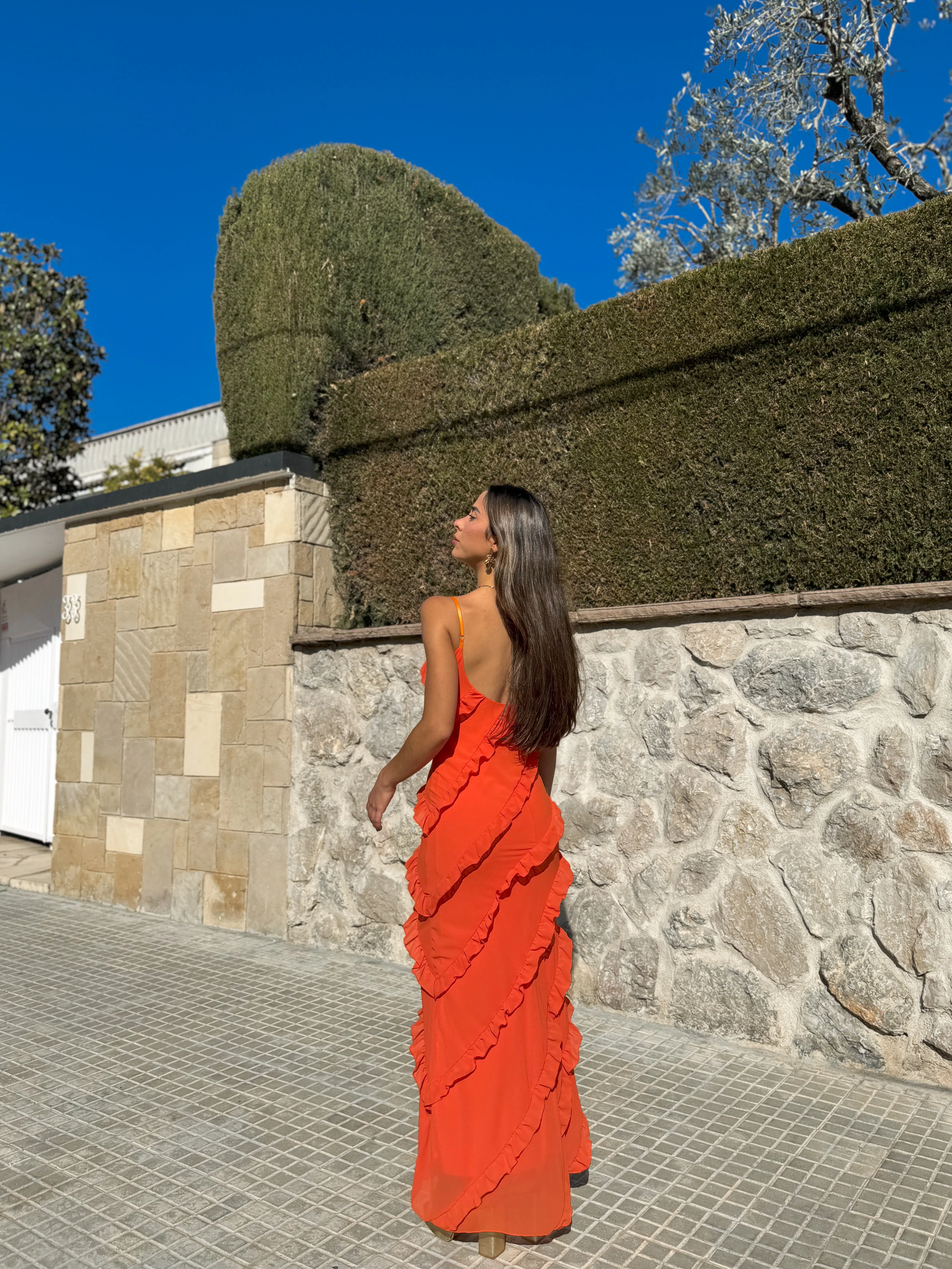 Vestido volantes crepe naranja - Image 3